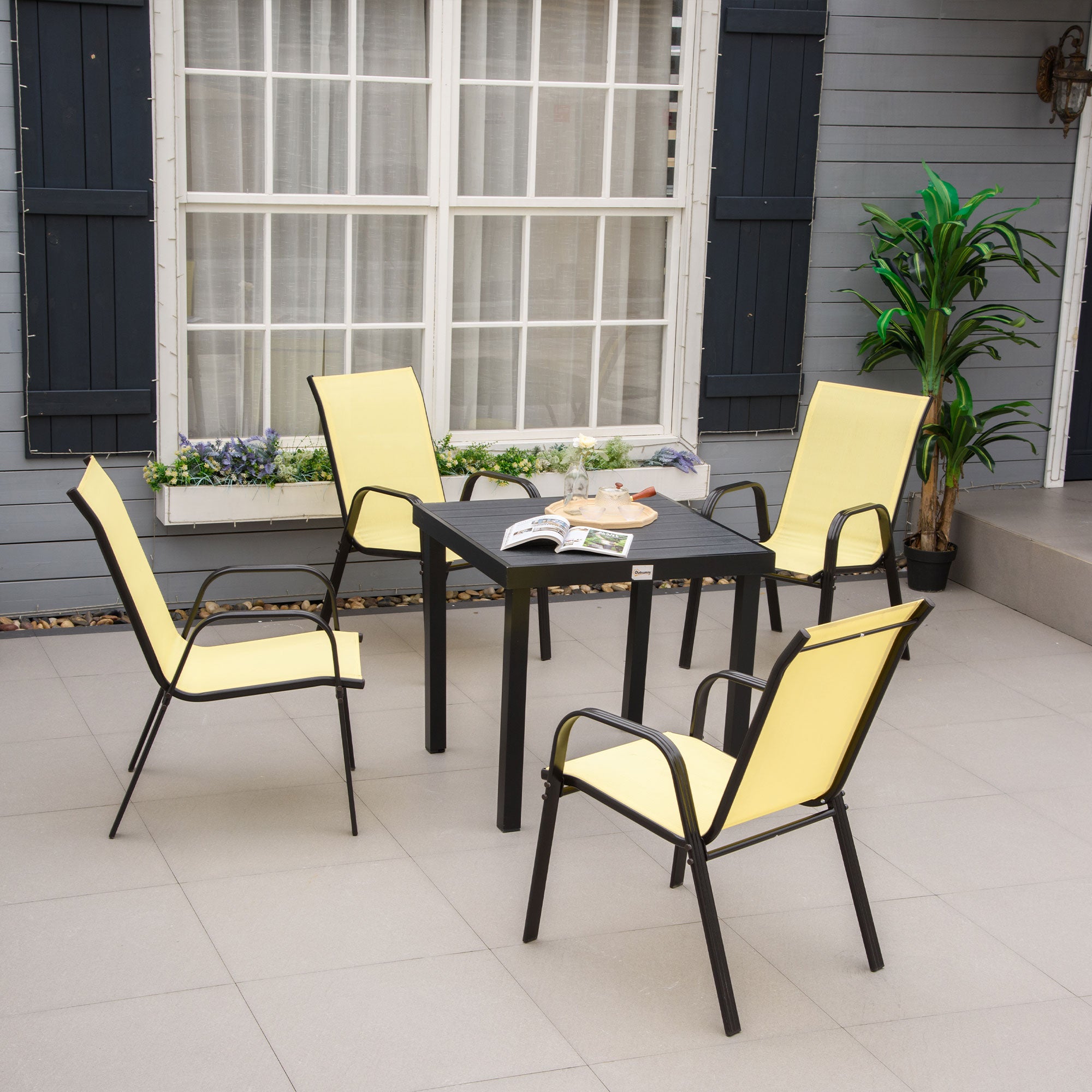 Set of 4 Stackable Garden Dining Chairs with High Back and Armrest Beige