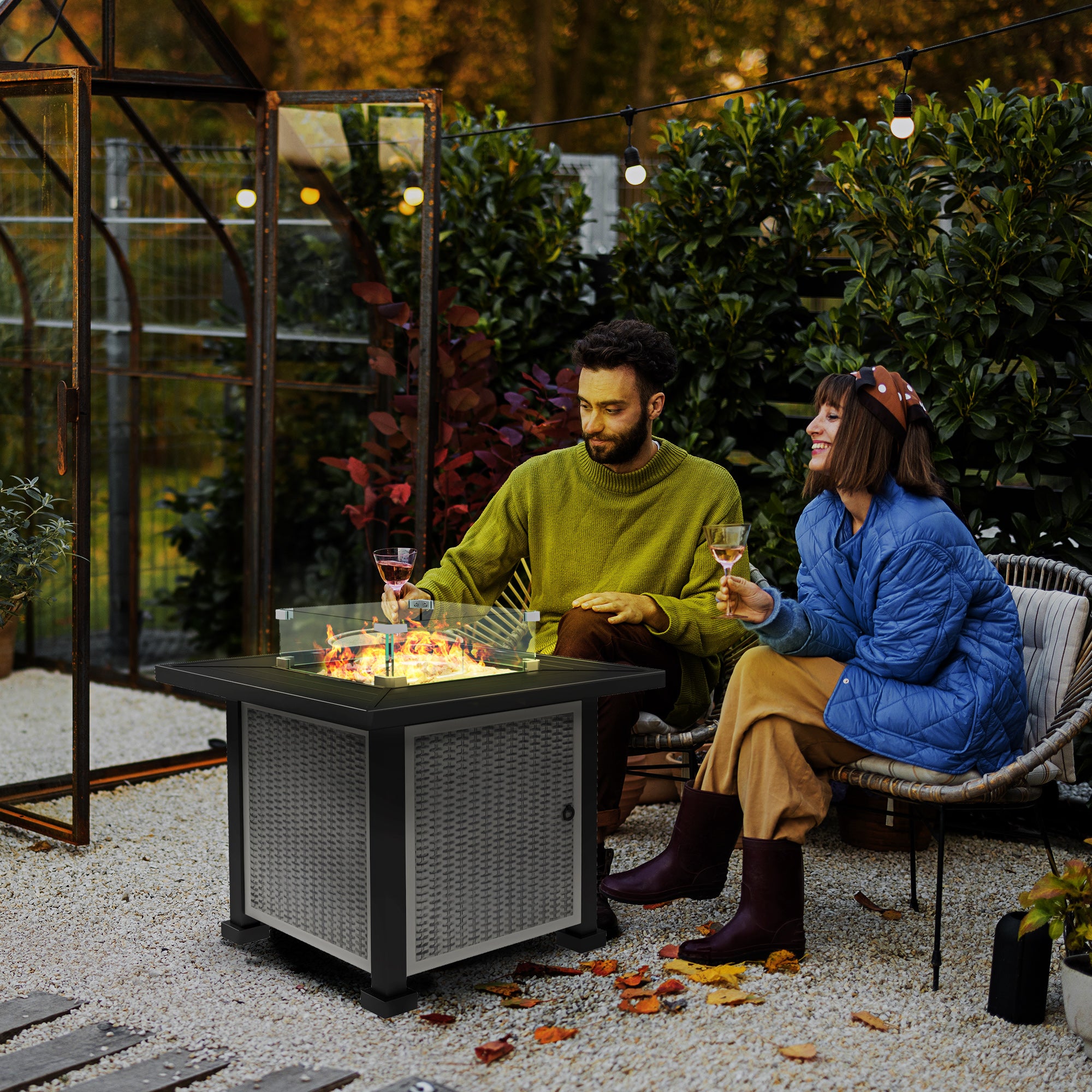 Square Gas Fire Pit Table with Smokeless Burner and Glass Screen Grey