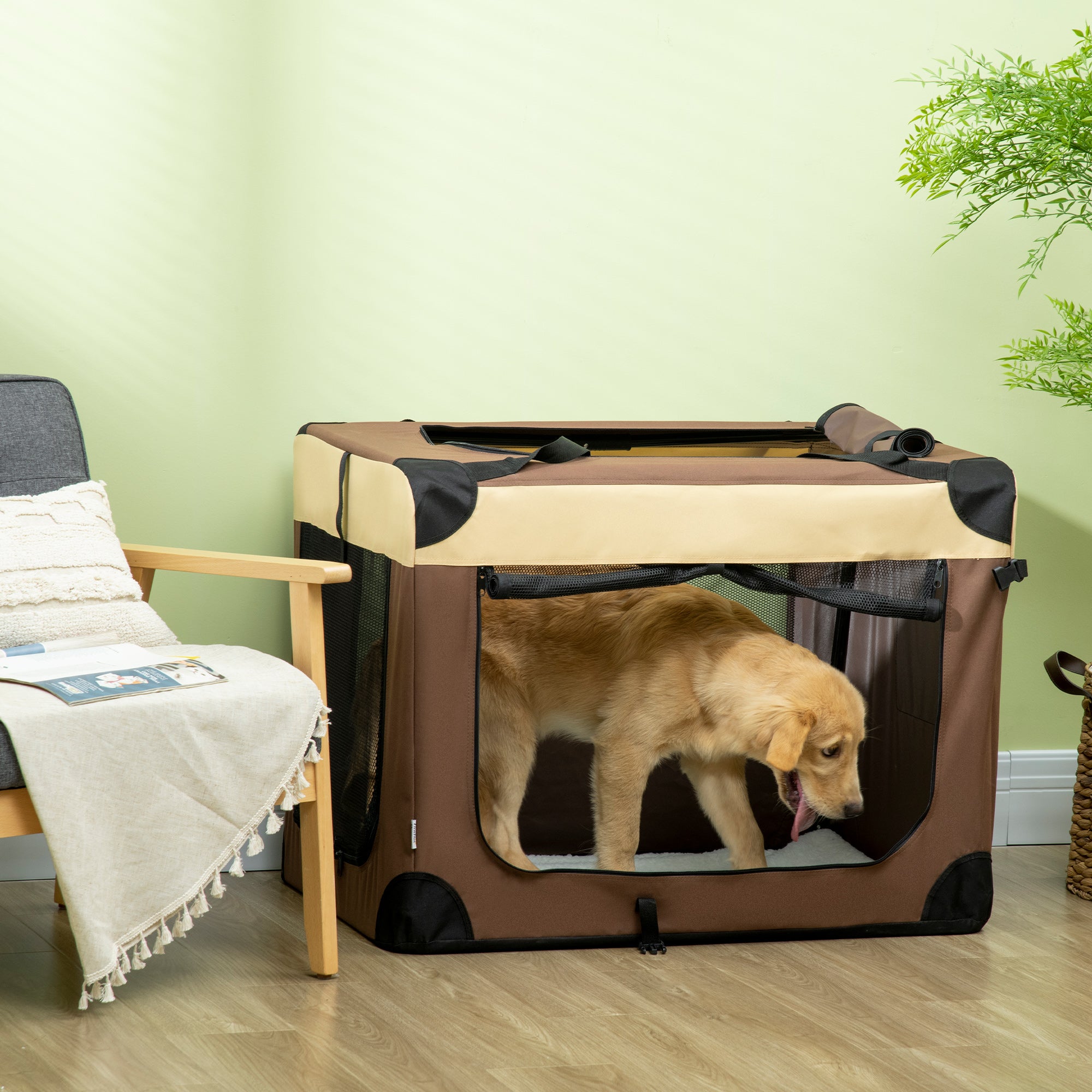 91cm Foldable Pet Carrier, with Cushion, for Medium Dogs and Cats - Brown