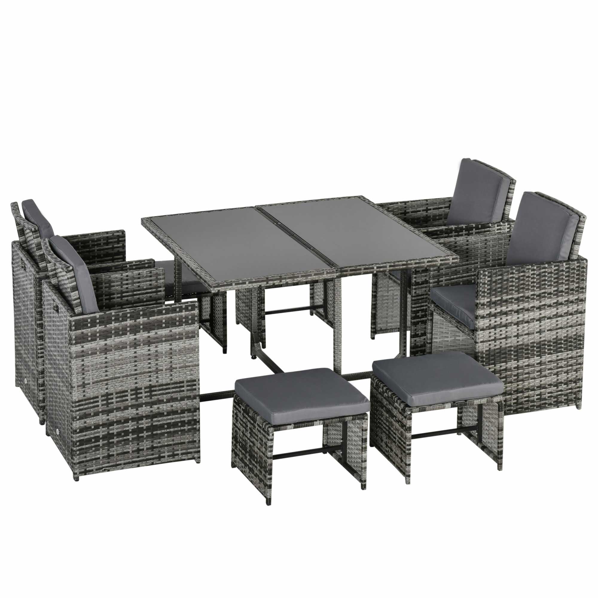 9PC Rattan Outdoor Patio Dining Table Set 8 Seater with Stools - Mixed Grey