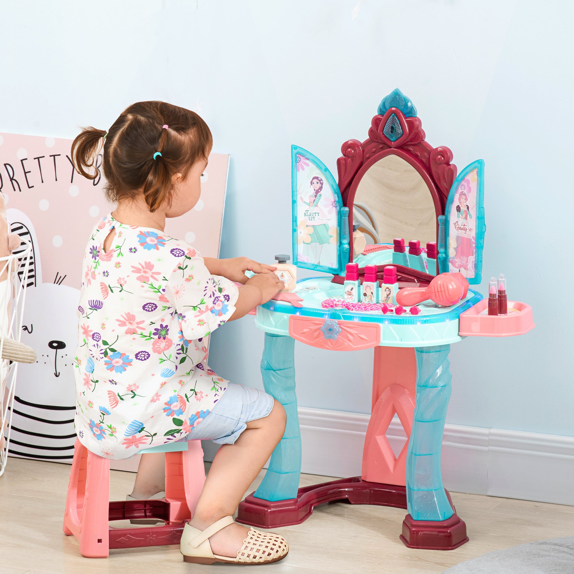 31 Piece Kids Dressing Table Set with Magic Light Up Mirror Blue and Pink