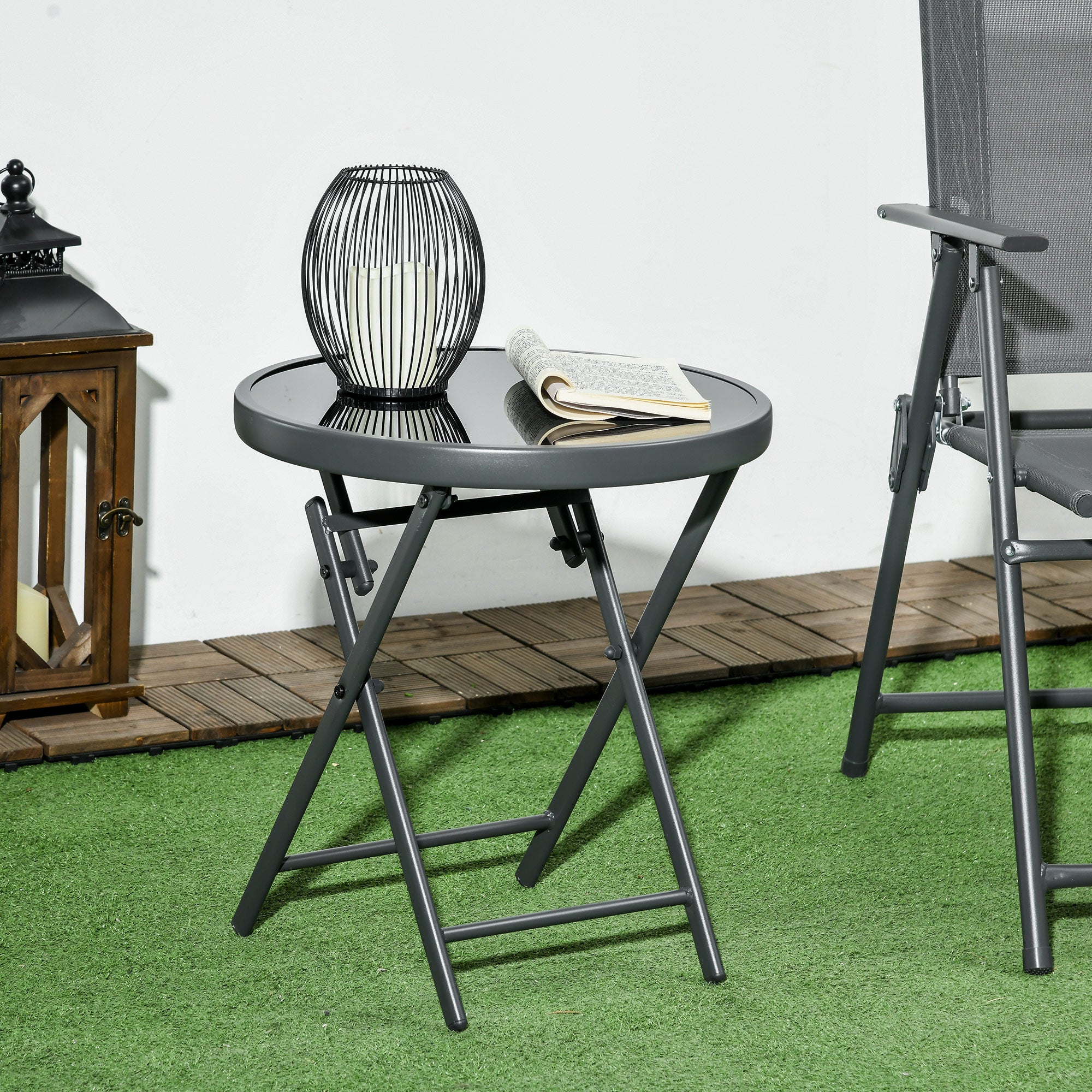 45cm Foldable Outdoor Side Table with Imitation Marble Glass Top - Black