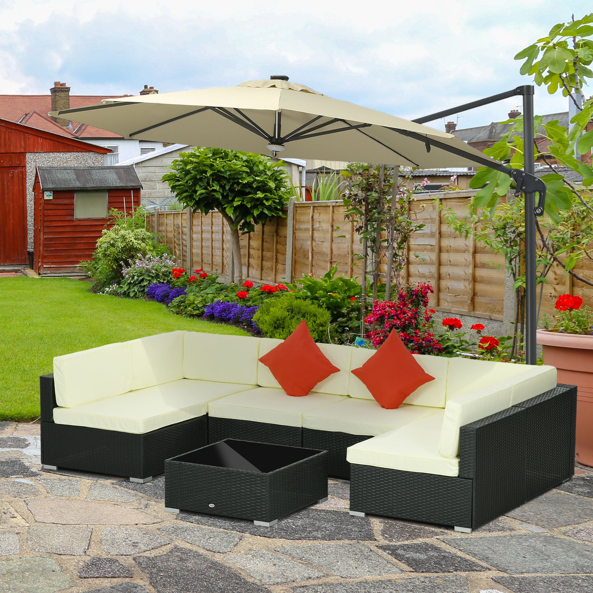 7 Piece PE Rattan Garden Furniture Set with Padded Cushions - Black