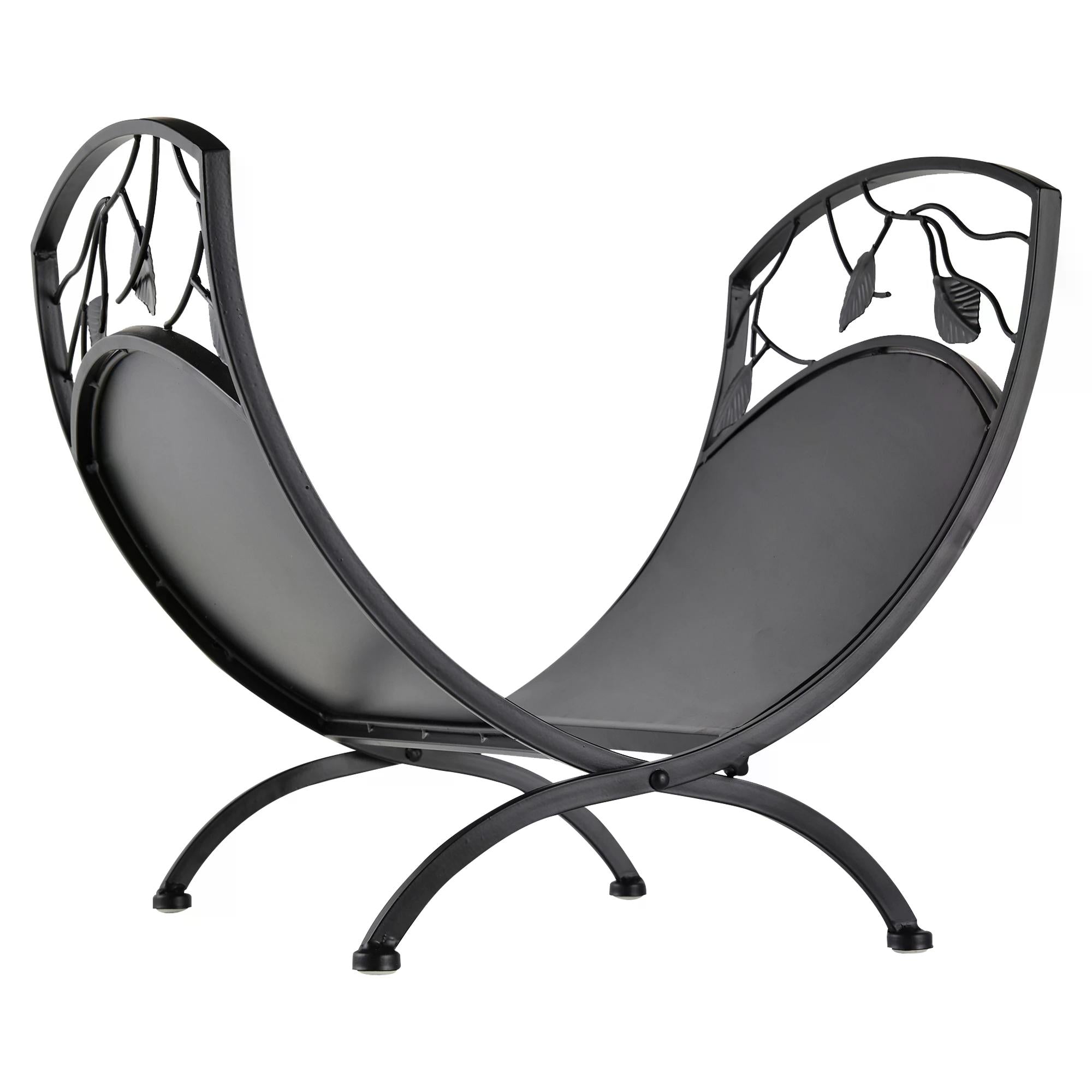 Iron Folding Firewood Log Holder with Leaf Scroll Panels Black