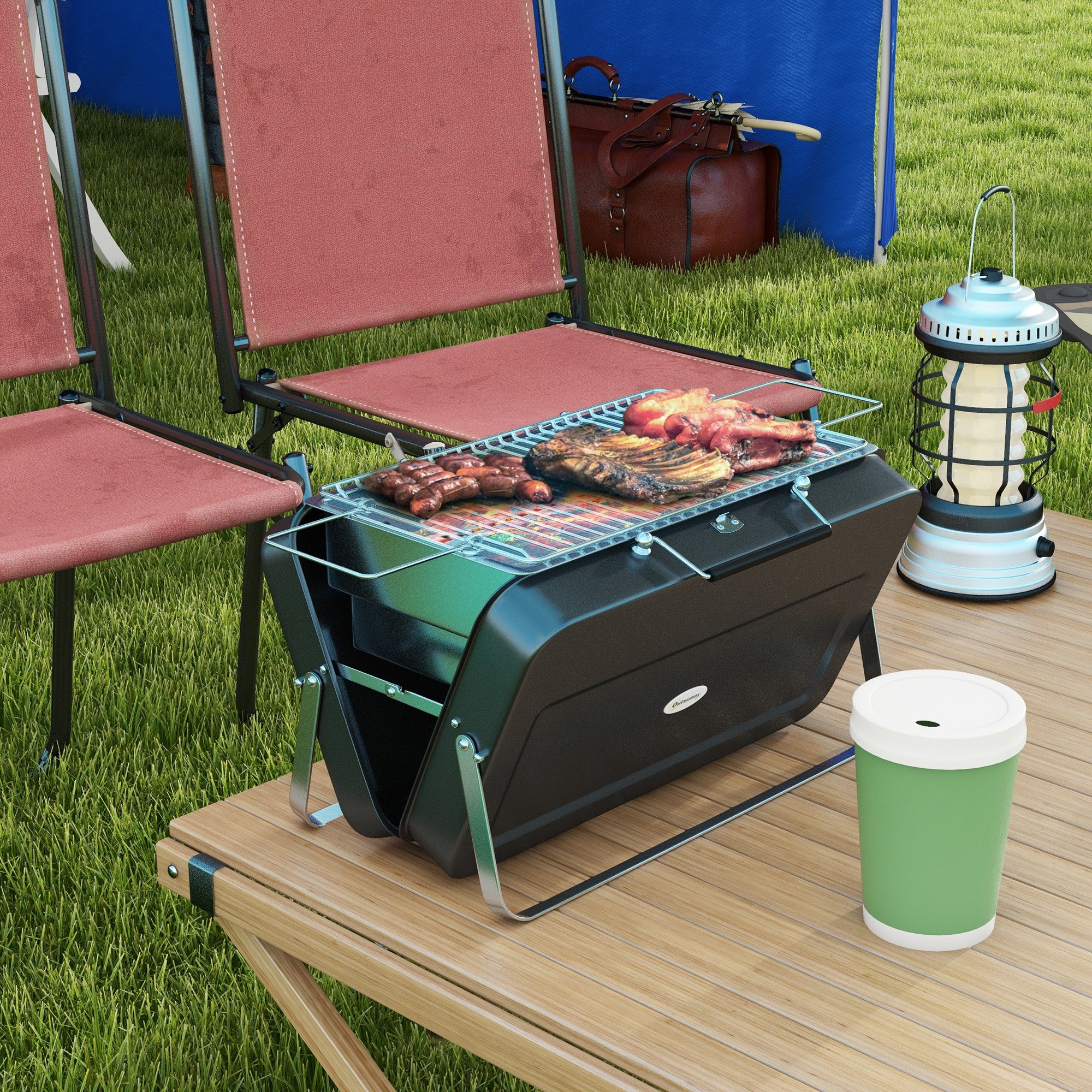 Foldable Mini Charcoal Barbecue Grill with Handle - Black