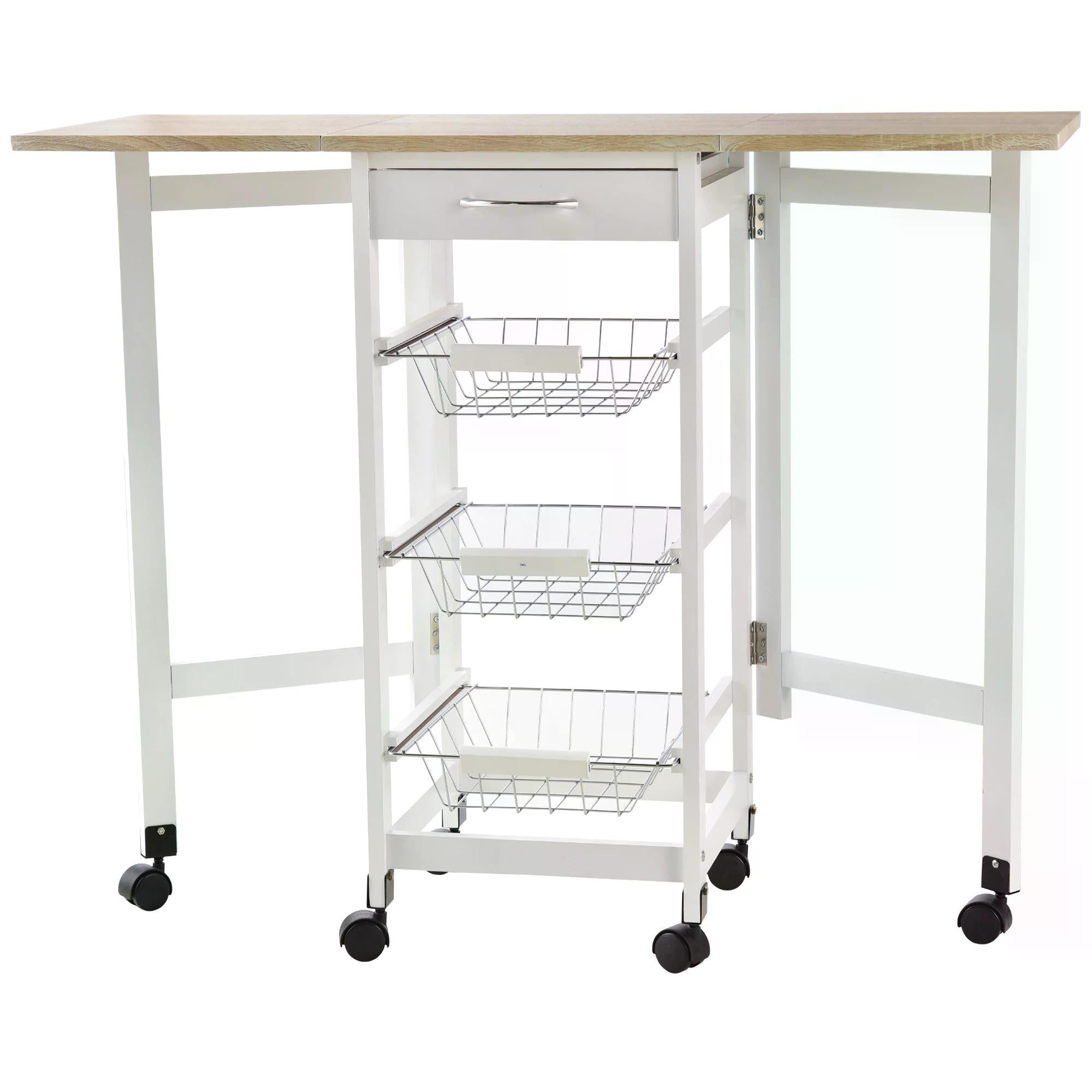 Drop-Leaf Kitchen Trolley w/ 3 Baskets Drawer Surface Top 6 Wheels Rolling Storage Unit Kitchen Home Dining Cart White Oak Tone