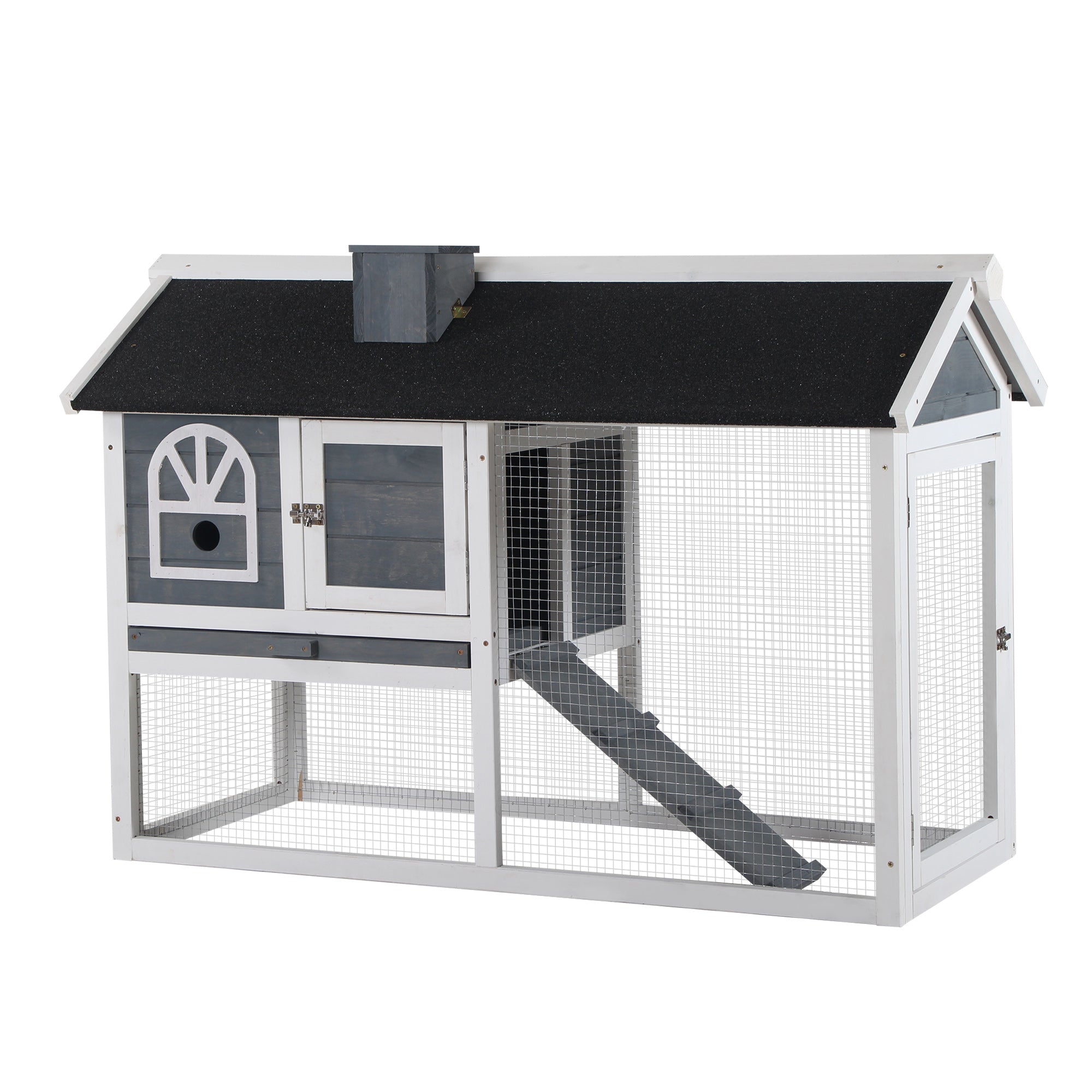 Guinea Pigs Hutch Wooden Bunny Cage with Pull-Out Tray, Ramp & Asphalt Roof for Small Animals - Grey