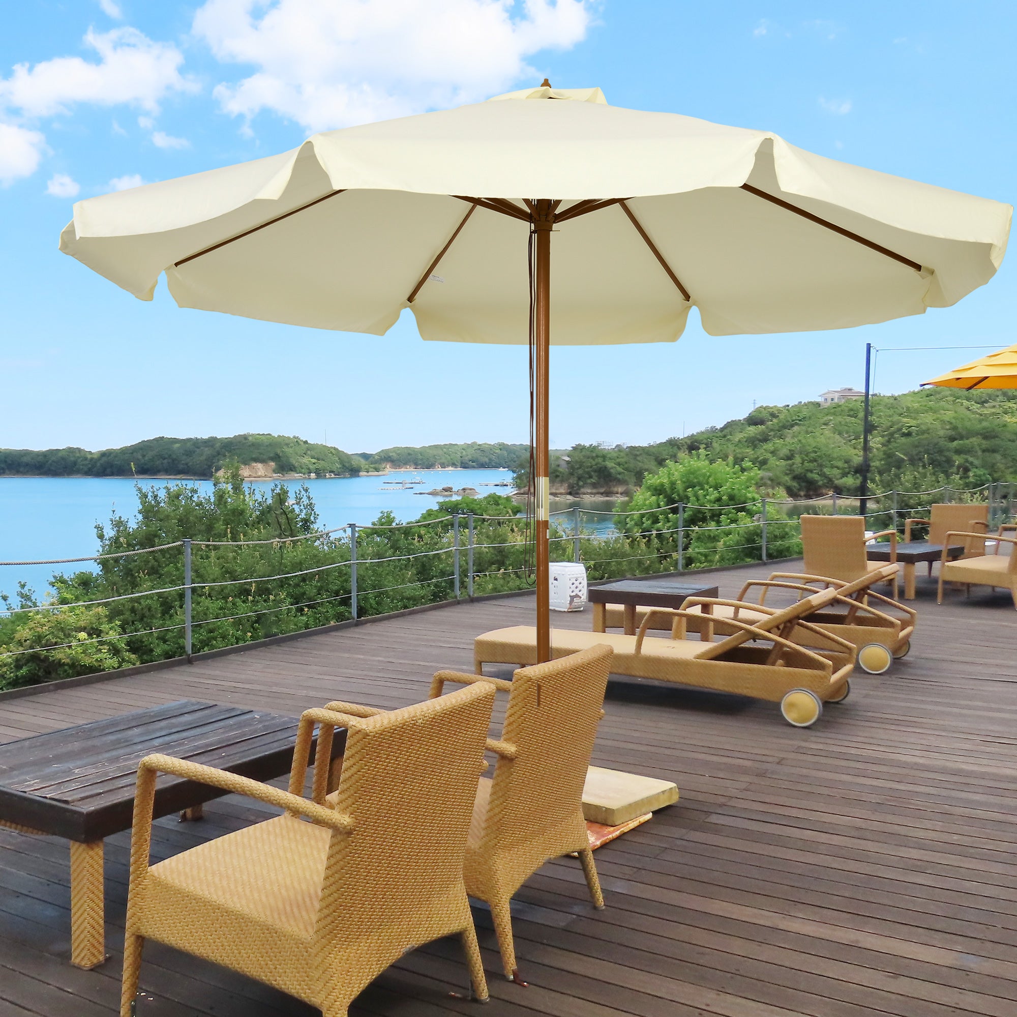 3.3m Patio Umbrella with Bamboo Ribs and Wood Pole, Ruffled Canopy - Beige