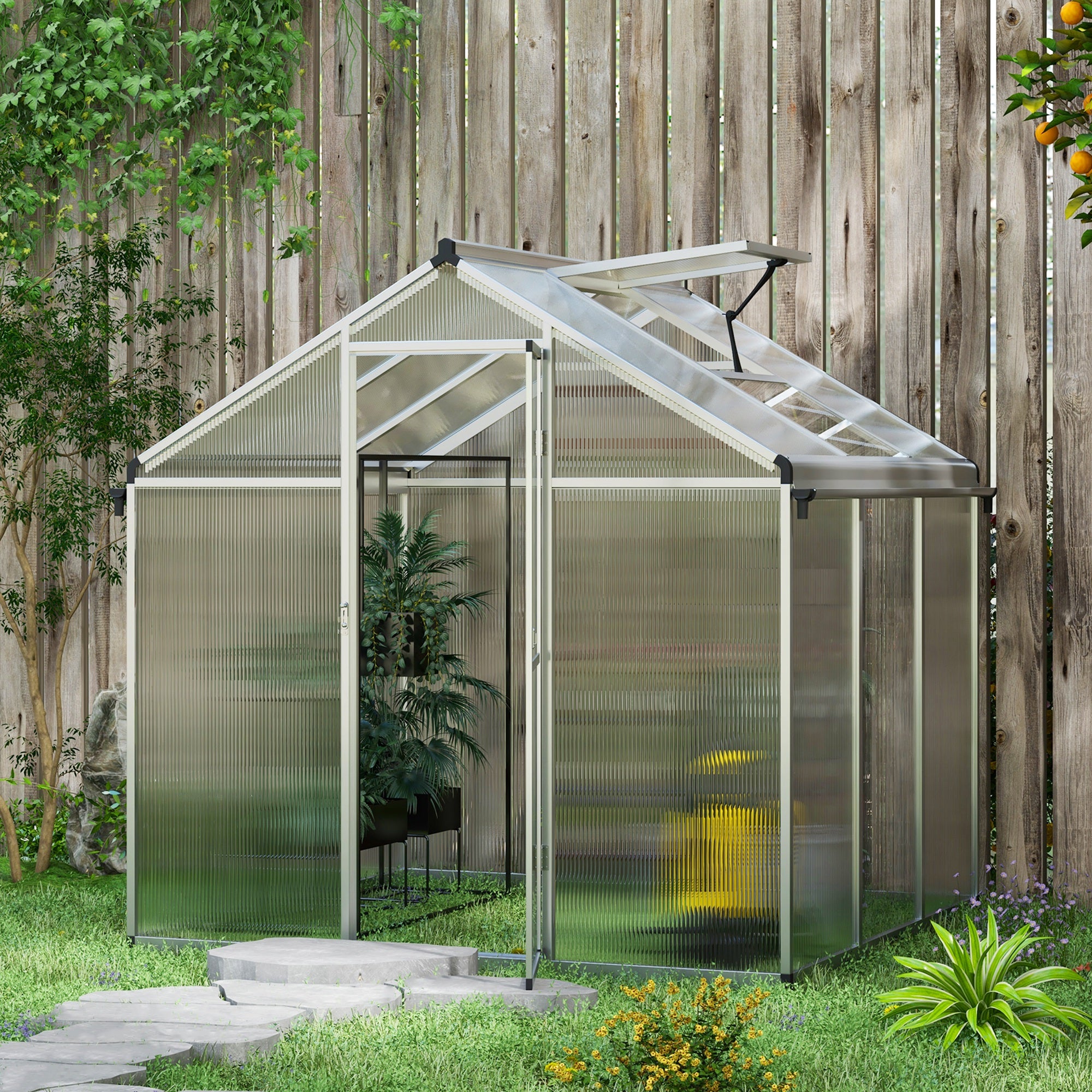 6 x 6ft Aluminium Polycarbonate Greenhouse Set with Rain Gutters - Clear