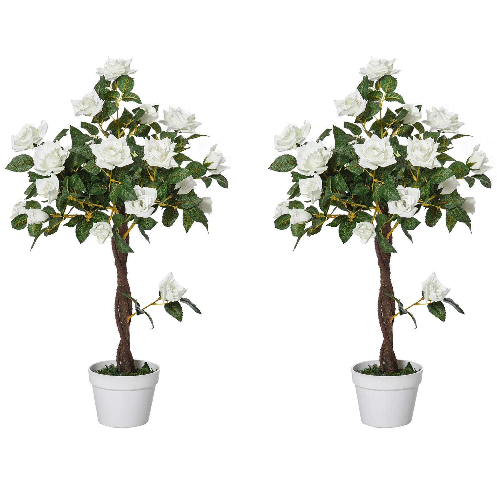 Set of 2 Artificial White Rose Plants in Cement Pots 90cm - White