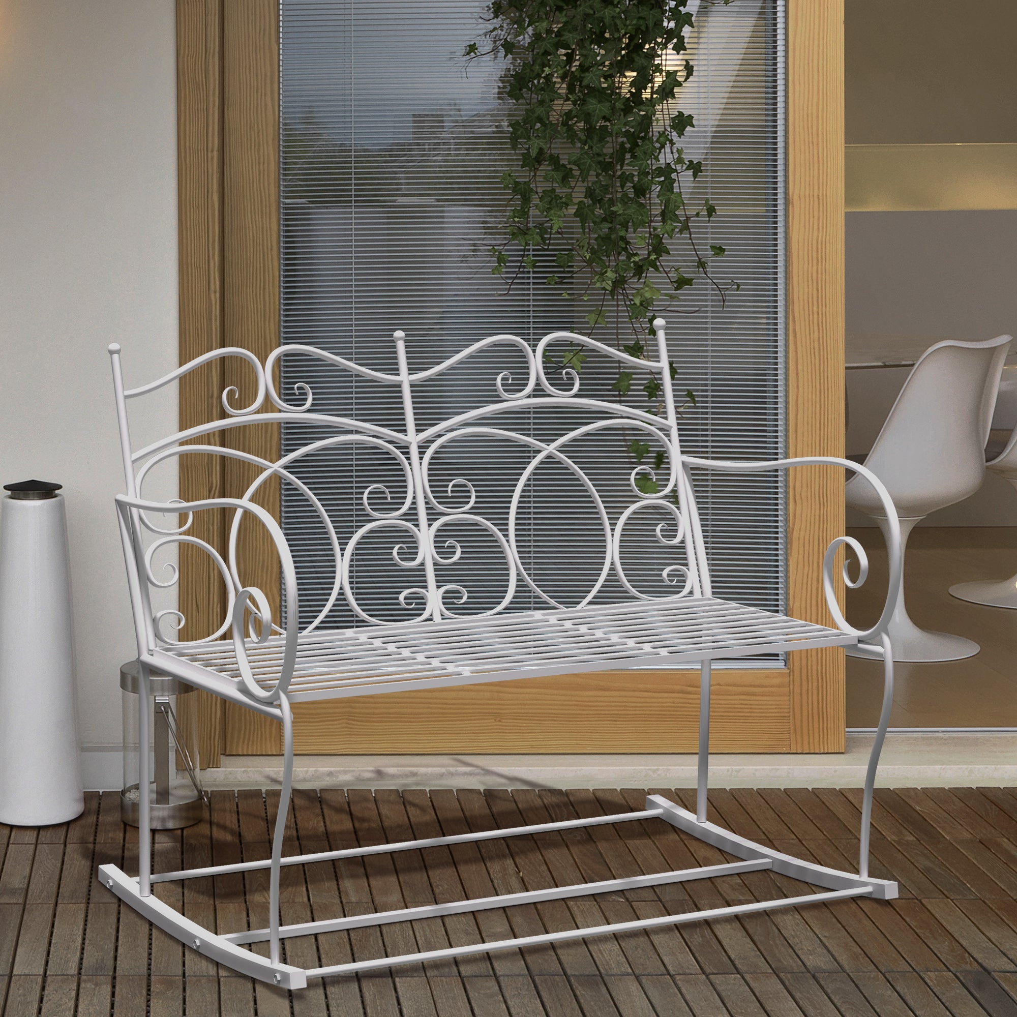 2 Seater Steel Rocking Bench with Decorative Backrest - White