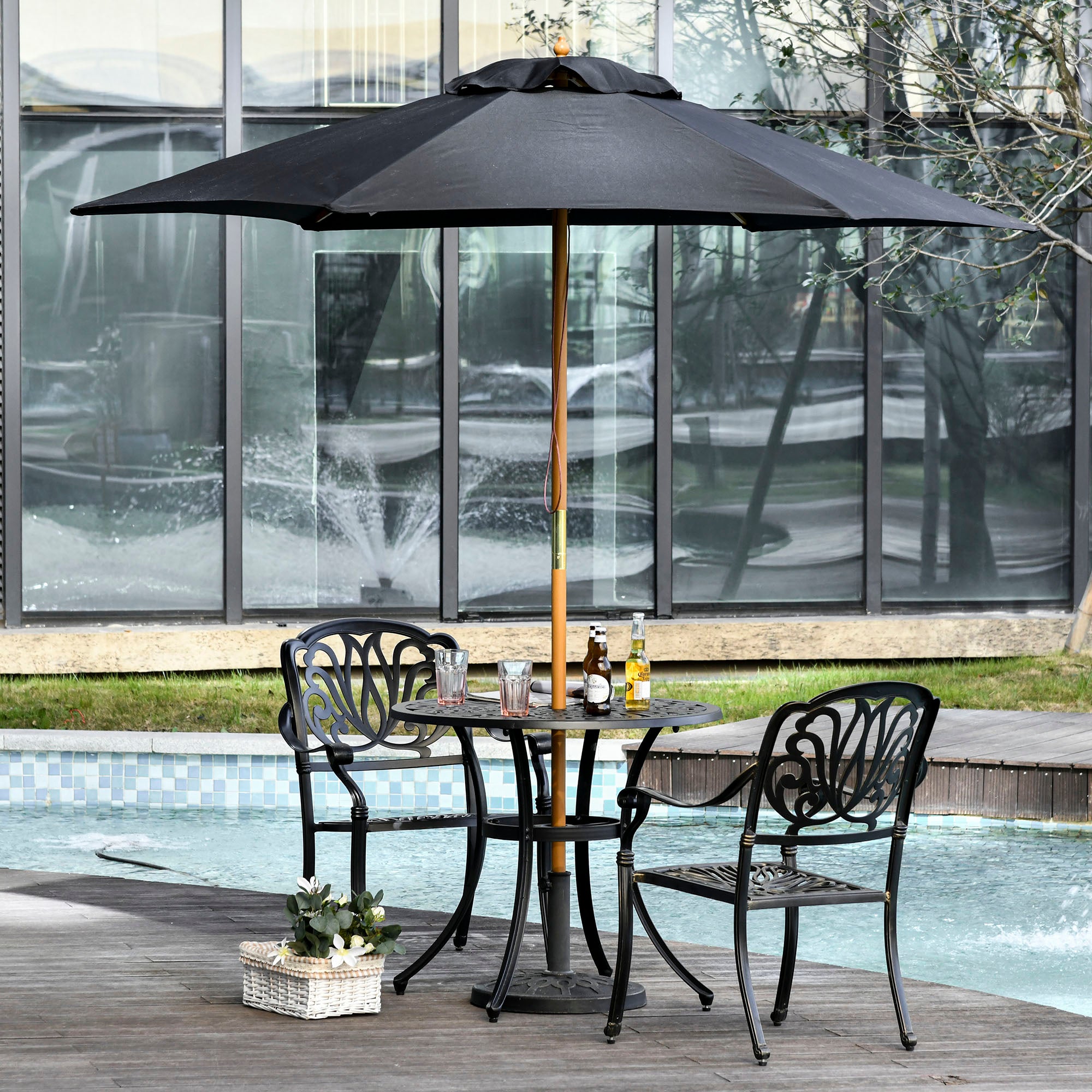 2.5m Wooden Garden Parasol with Ventilated Polyester Canopy - Black