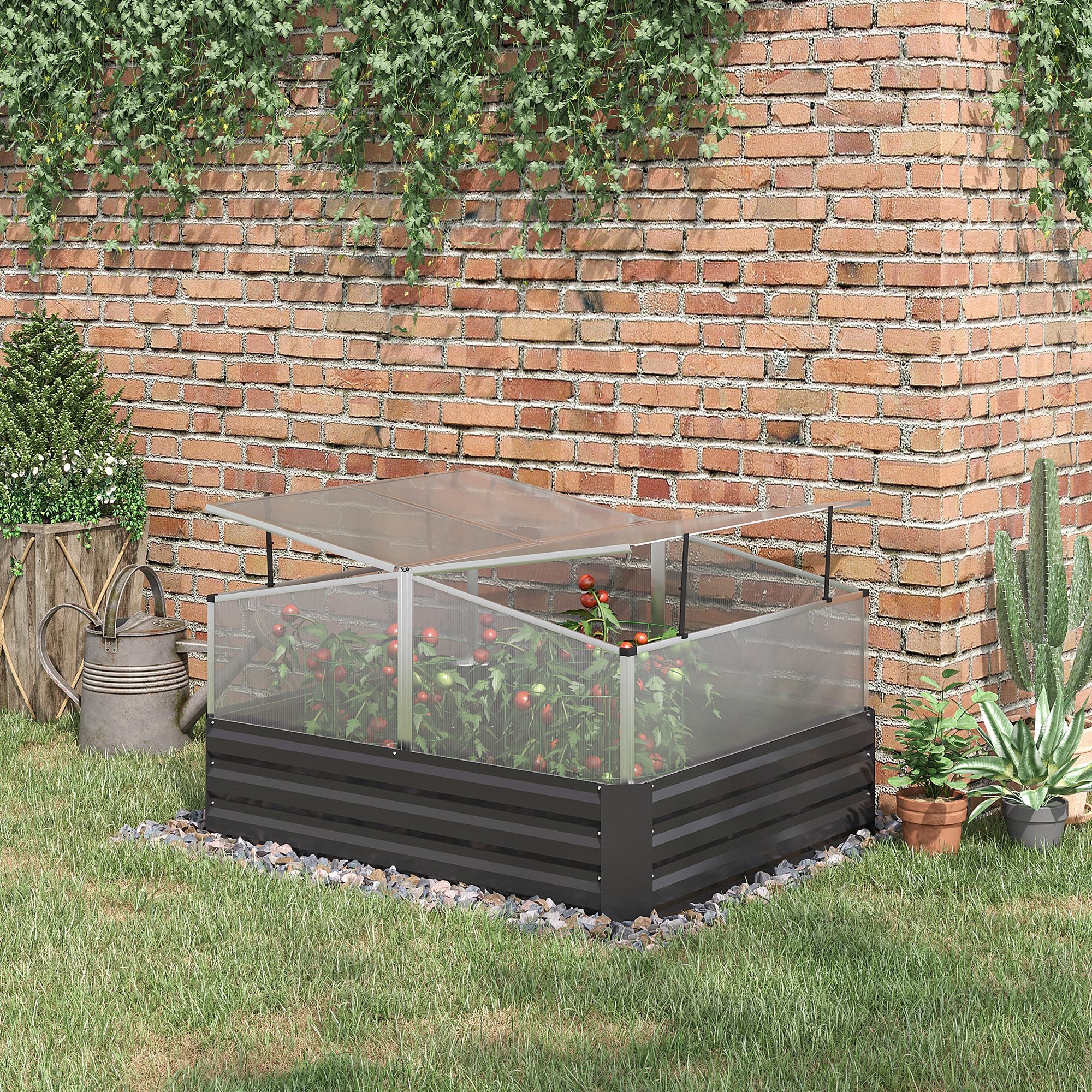 Galvanised Raised Garden Bed with Greenhouse Cover - Dark Grey