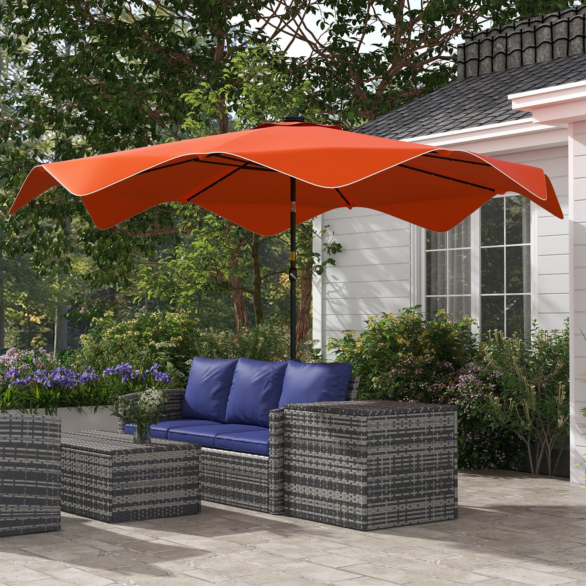 Solar Patio Umbrella 3x3m with LED Lights, Tilt & Crank - Orange