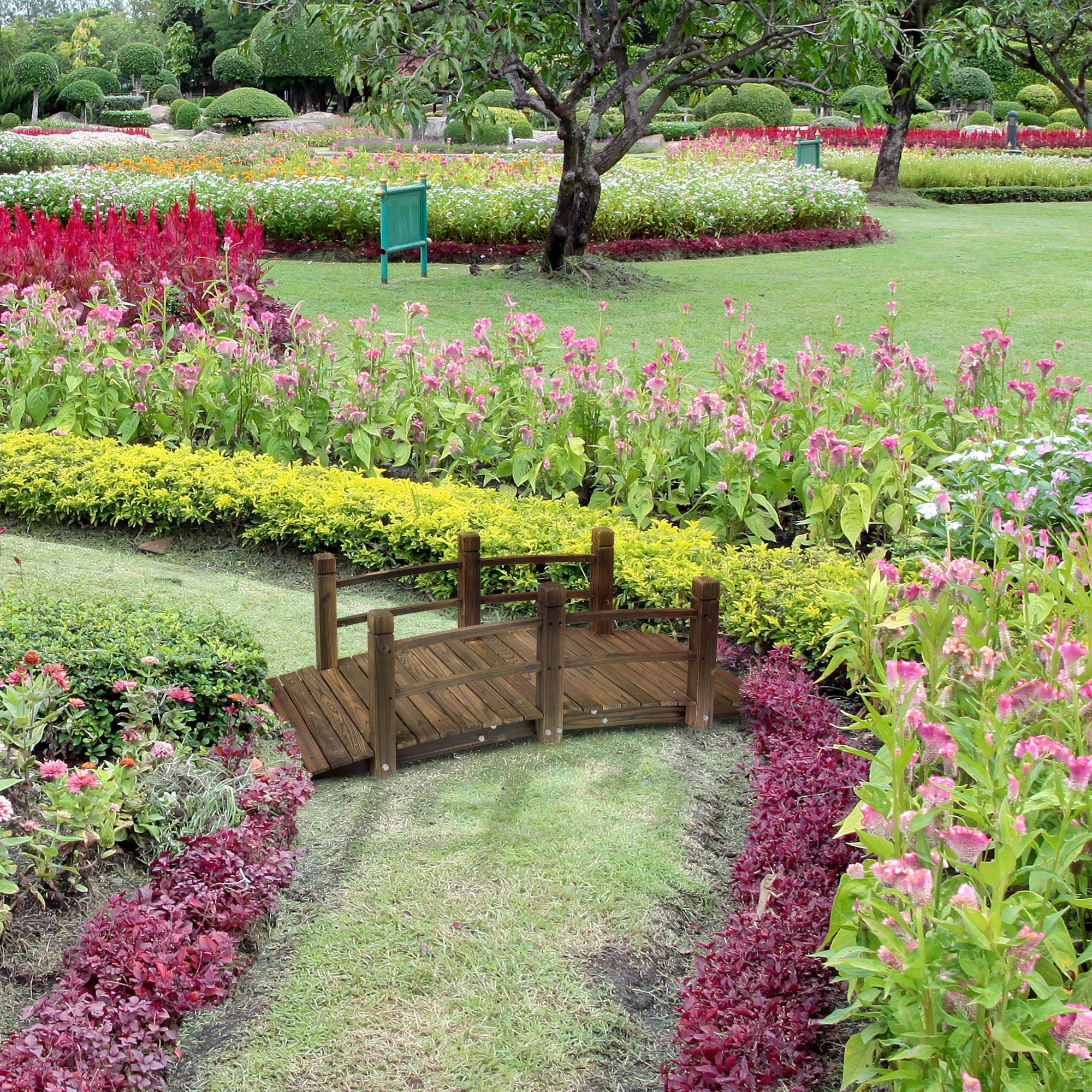 Wooden Garden Bridge with Railings Arched Outdoor Pond Walkway - Stained Finish