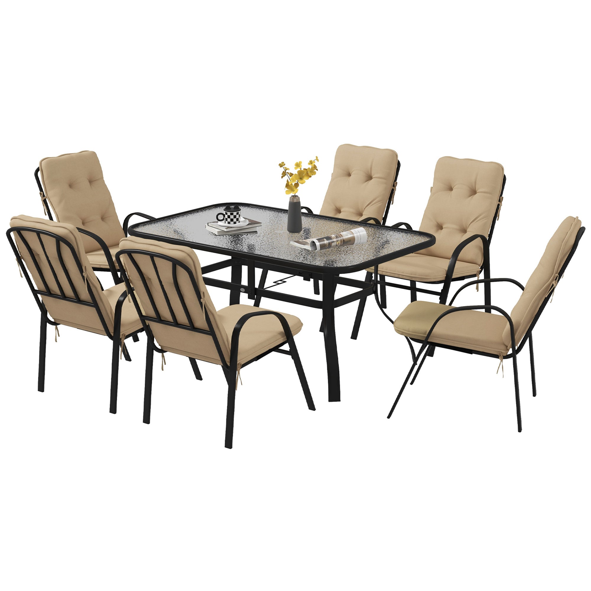7 Piece Garden Dining Set with Cushioned Armchairs and Tempered Glass Table Beige