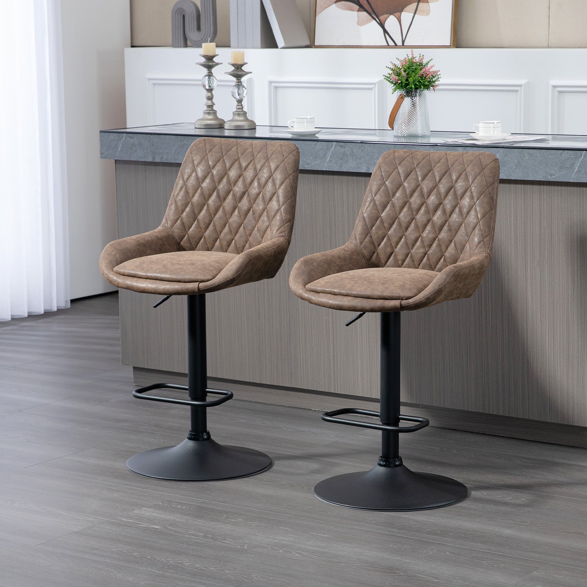 Adjustable Retro Bar Stools Set of 2 with Back Support - Coffee