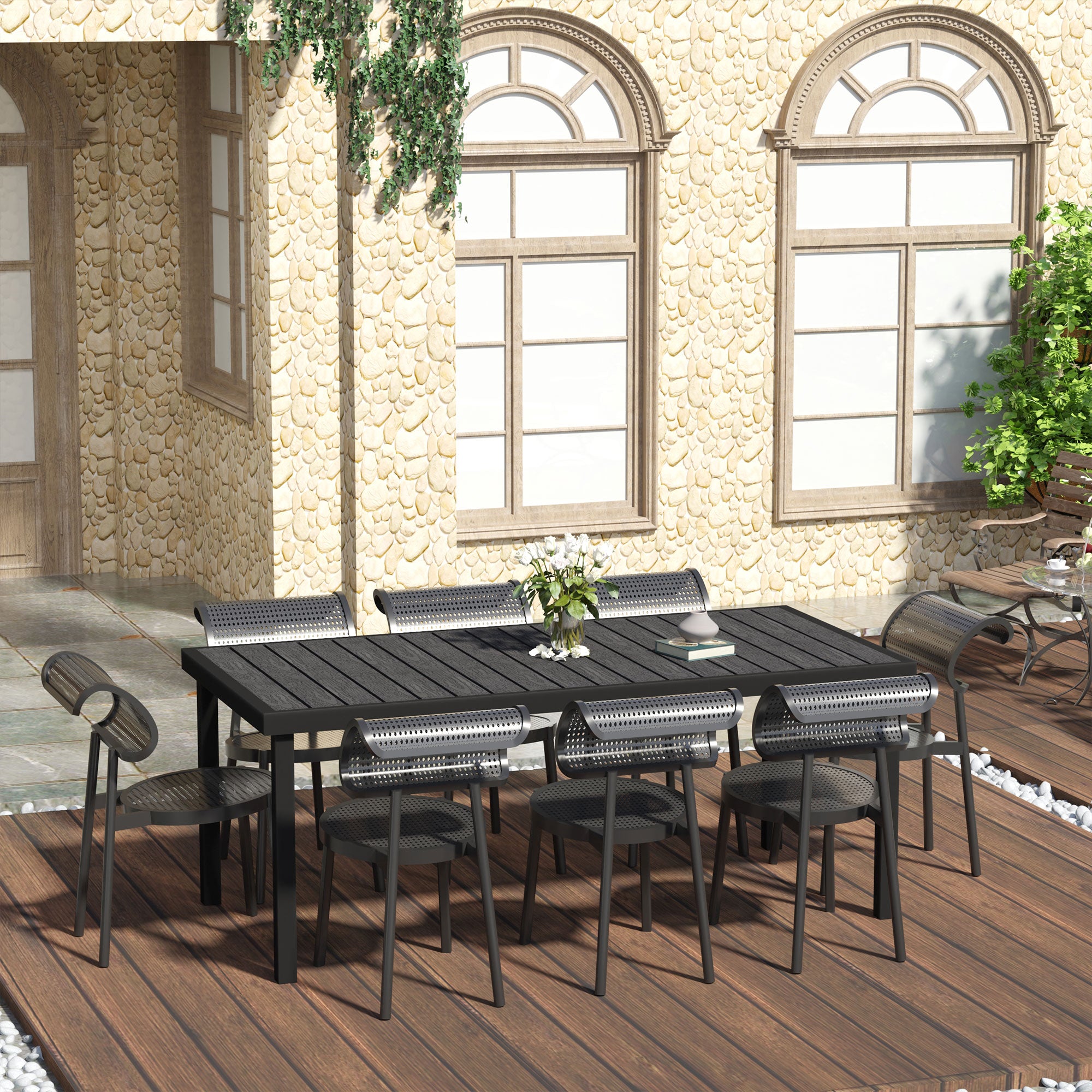 Outdoor Aluminium Garden Dining Table for 8 with Faux Wood Top 190x90x74cm - Black