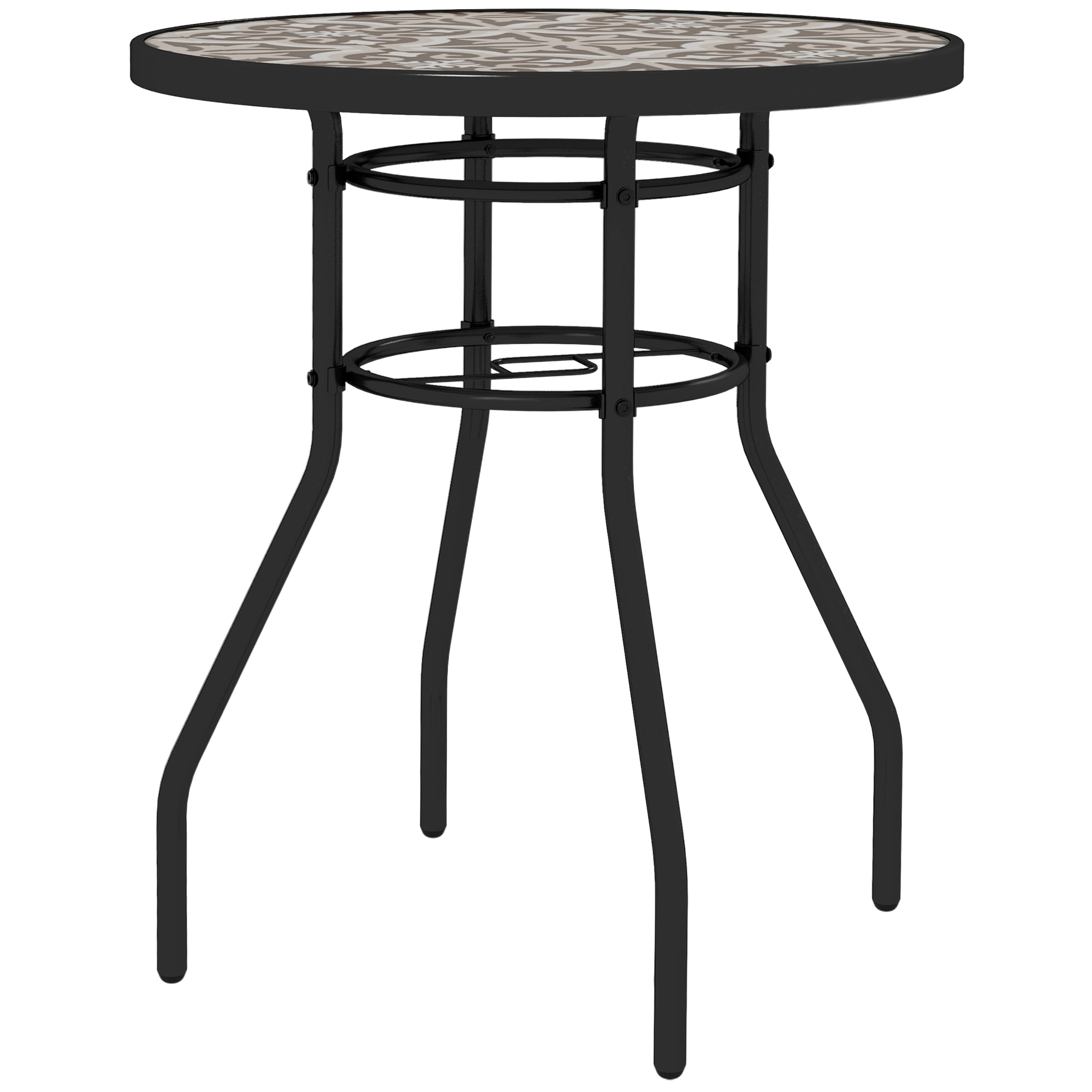 Tempered Glass Top Garden Table with Printed Design and Steel Frame 60x70cm - Tan Brown