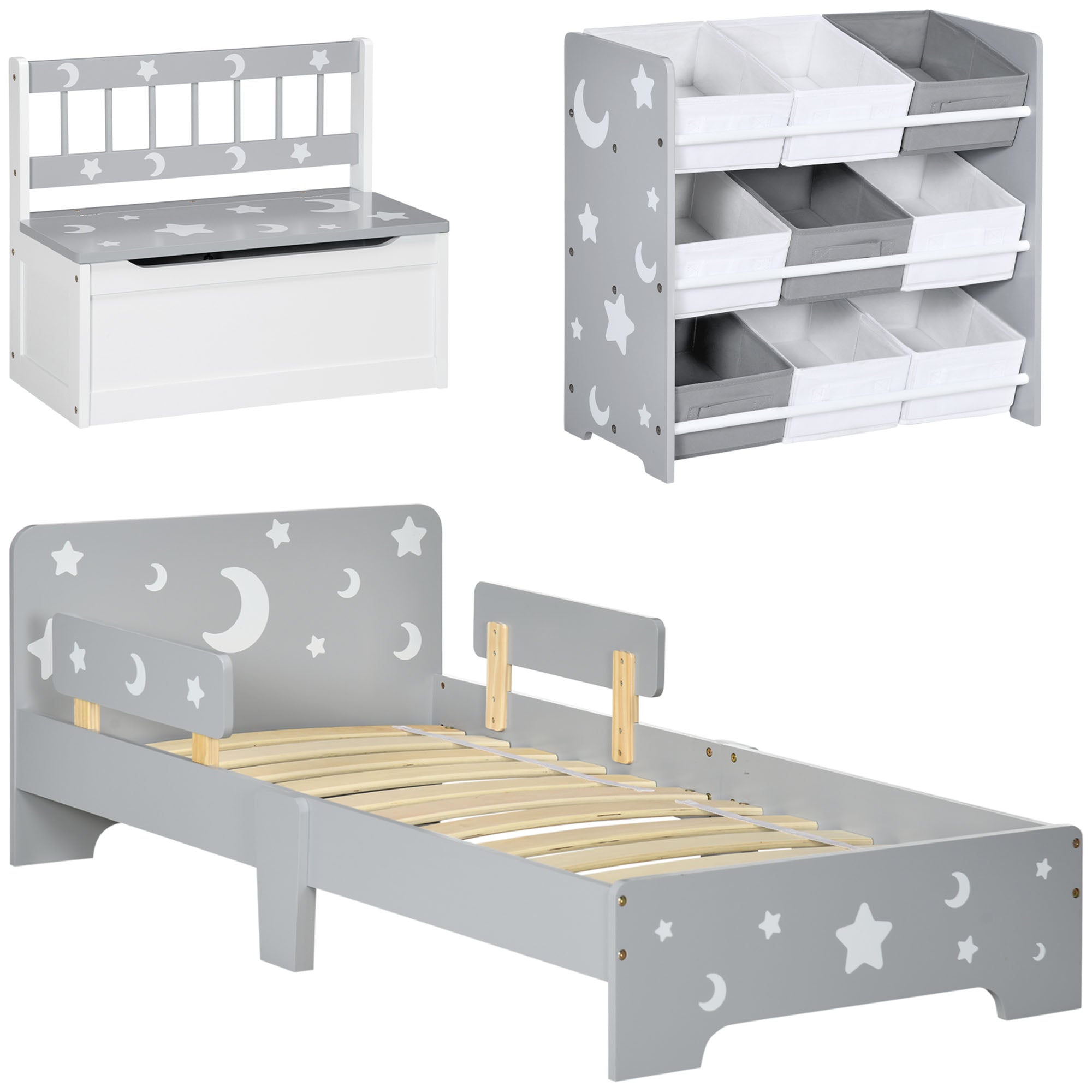 3 Piece Kids Bedroom Furniture Set with Storage Baskets Grey