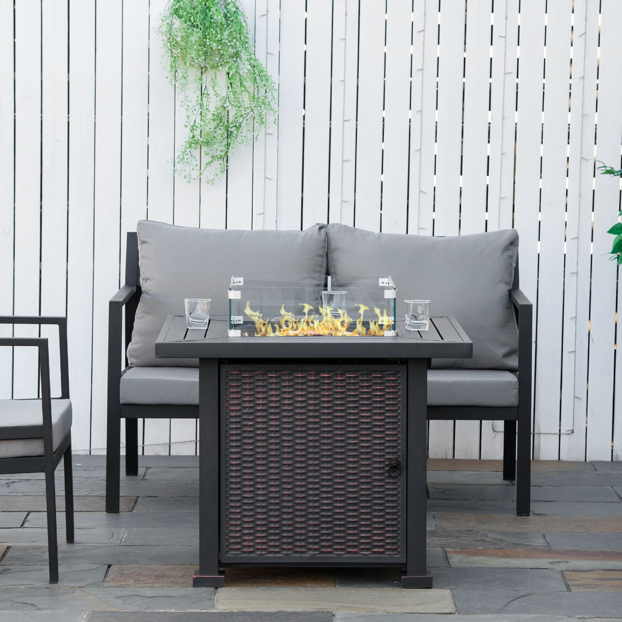 Square Propane Gas Fire Pit Table with Lid and Glass Screen - Black