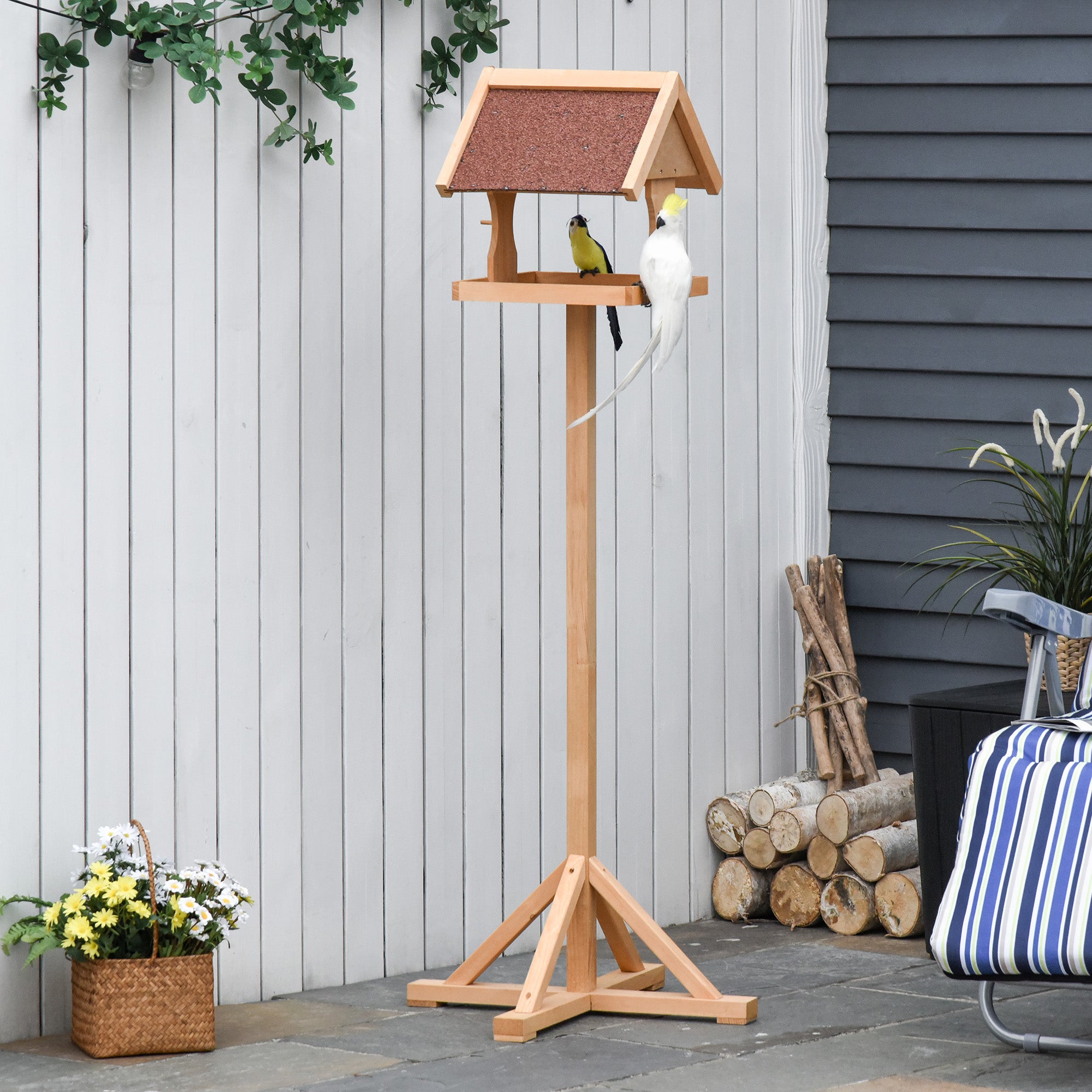 Wooden Freestanding Bird Feeder Table 55x55x144cm with Weather-Resistant Roof and Cross Support Feet - Natural