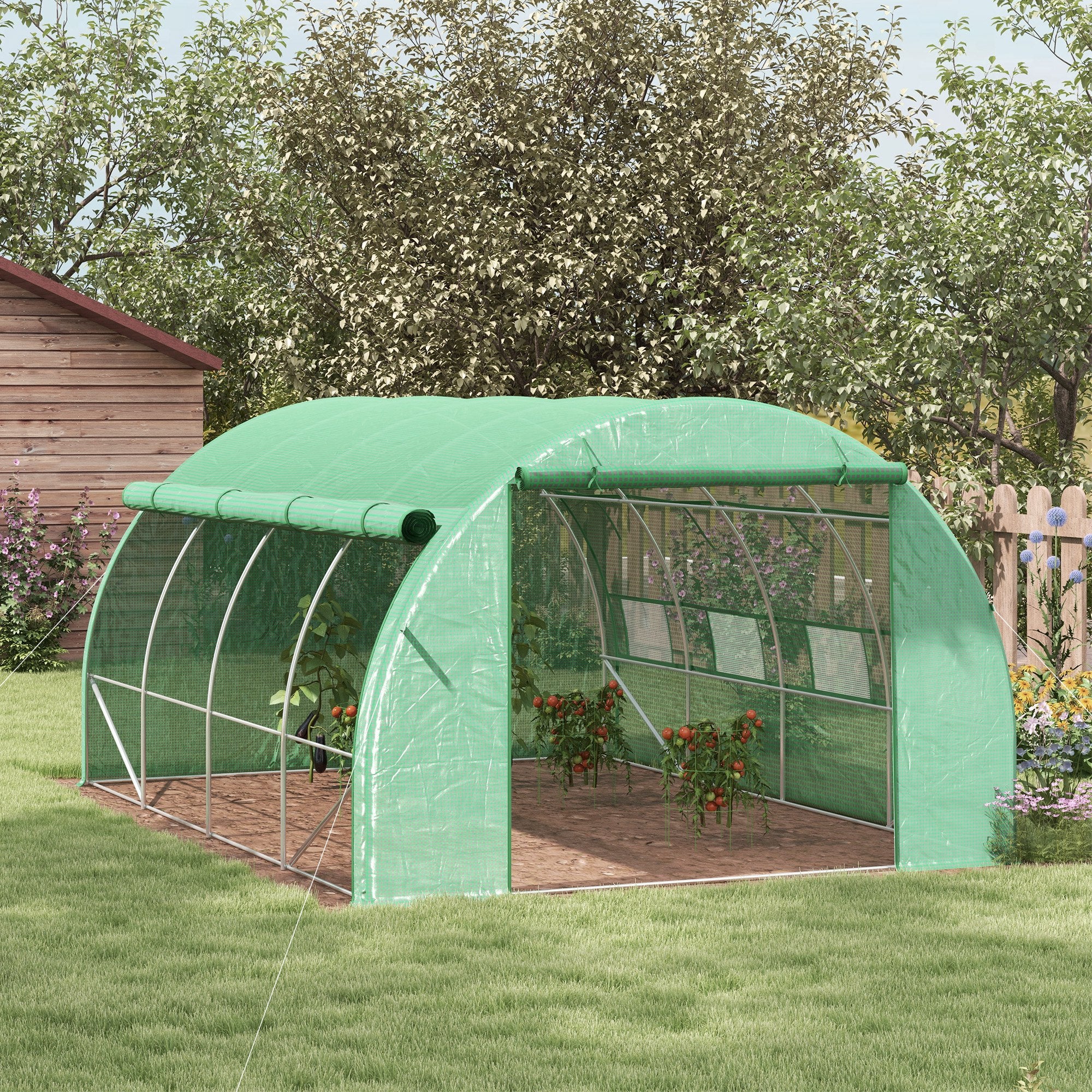 Walk-In Polytunnel Greenhouse Tent with Roll-Up Sidewalls and Zipped Door Green