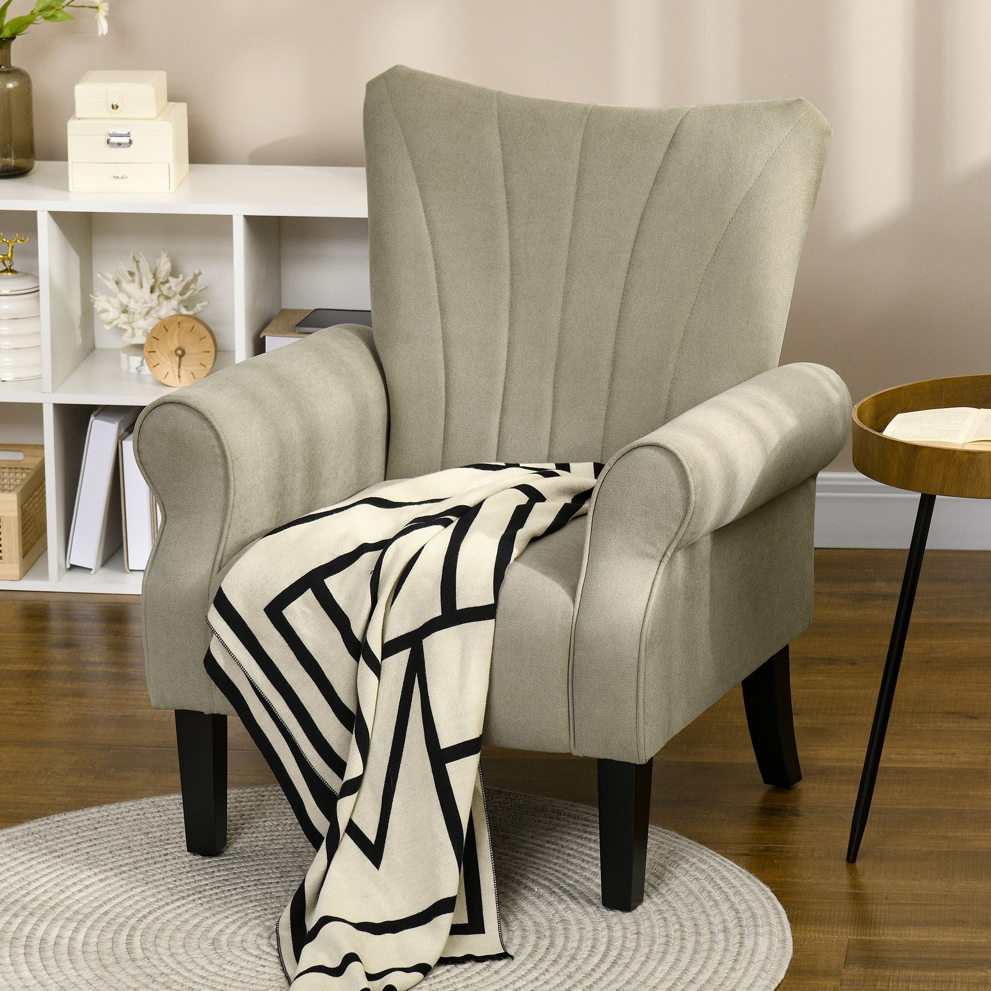 Plush Upholstered Accent Chair with High Back and Rolled Arms - Beige
