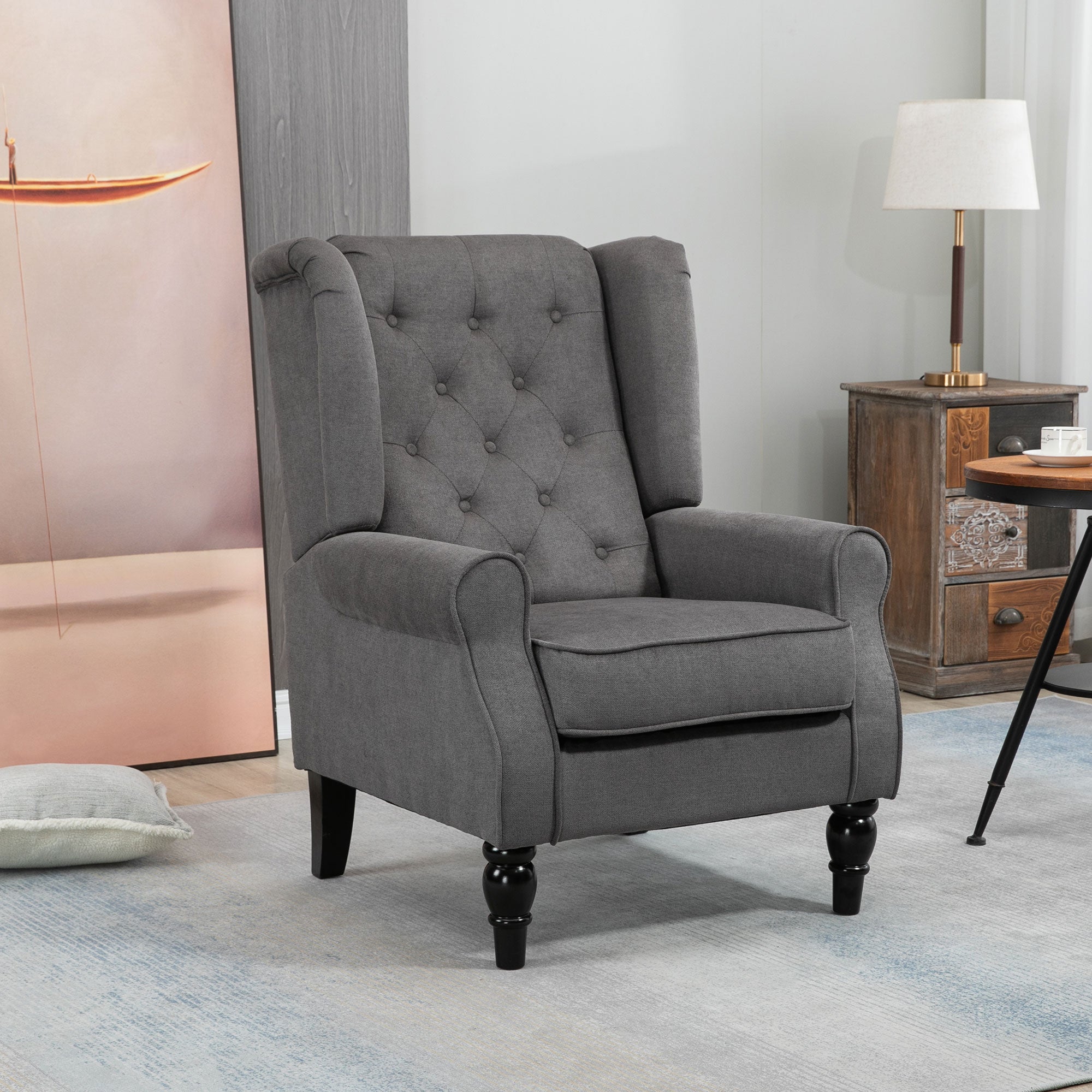 Retro Wingback Accent Chair with Button Tufted Design - Dark Grey
