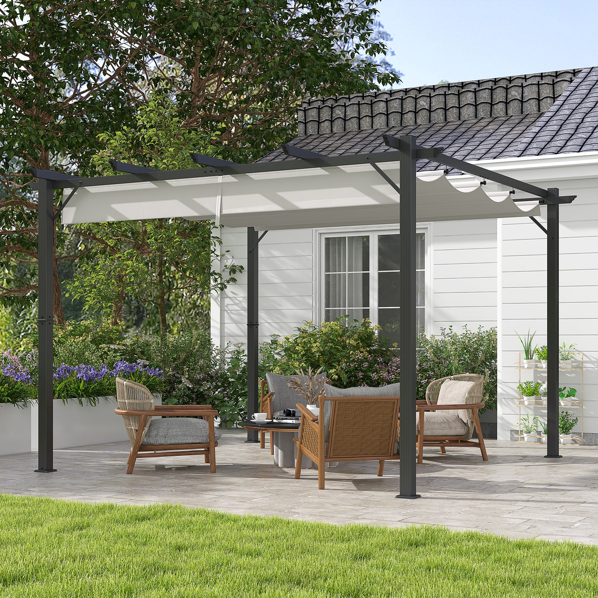 Retractable Aluminium Pergola Canopy Gazebo with UV Resistant Roof - Light Grey