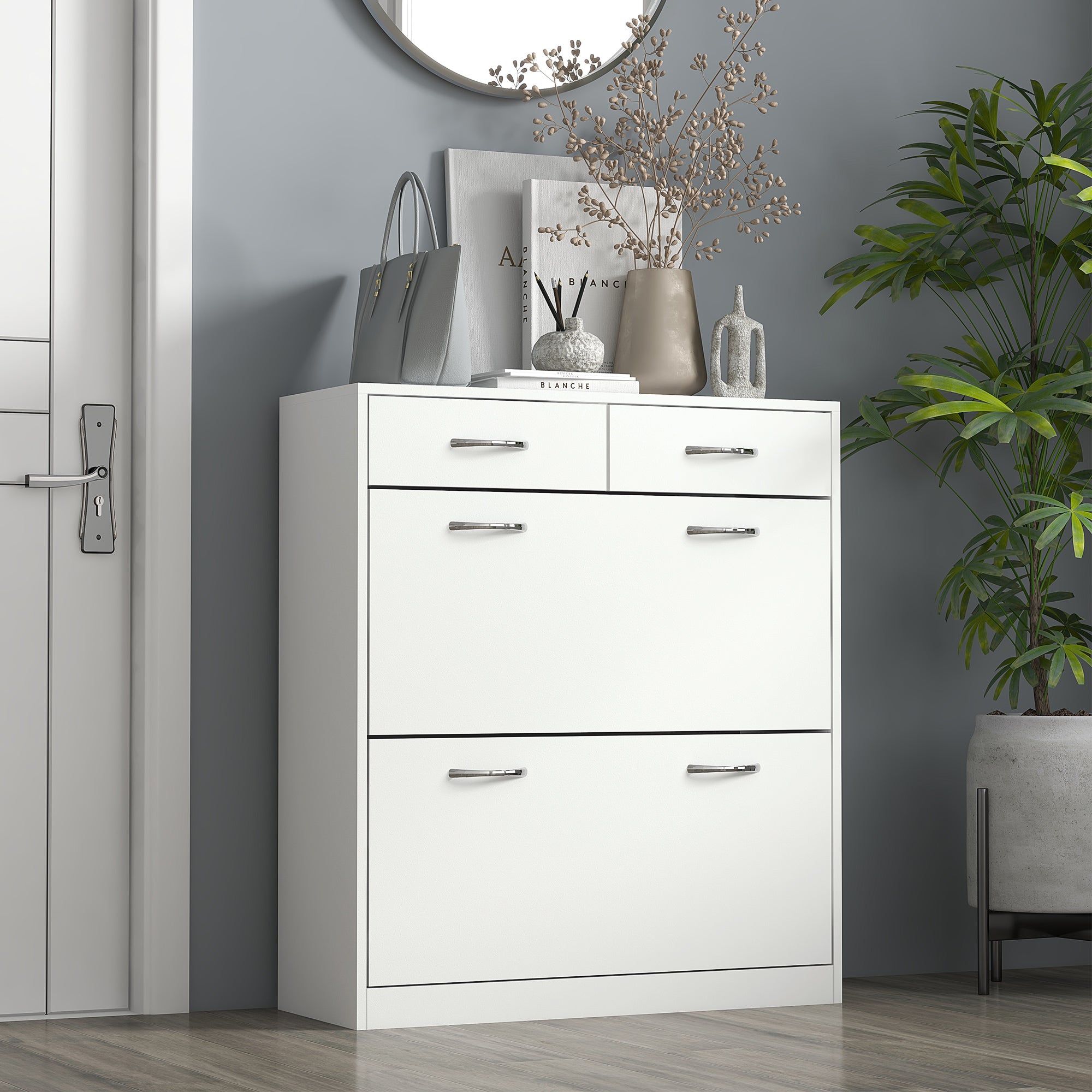 Narrow Shoe Cabinet with 2 Flip Drawers & Adjustable Shelves for 12 Pairs - White