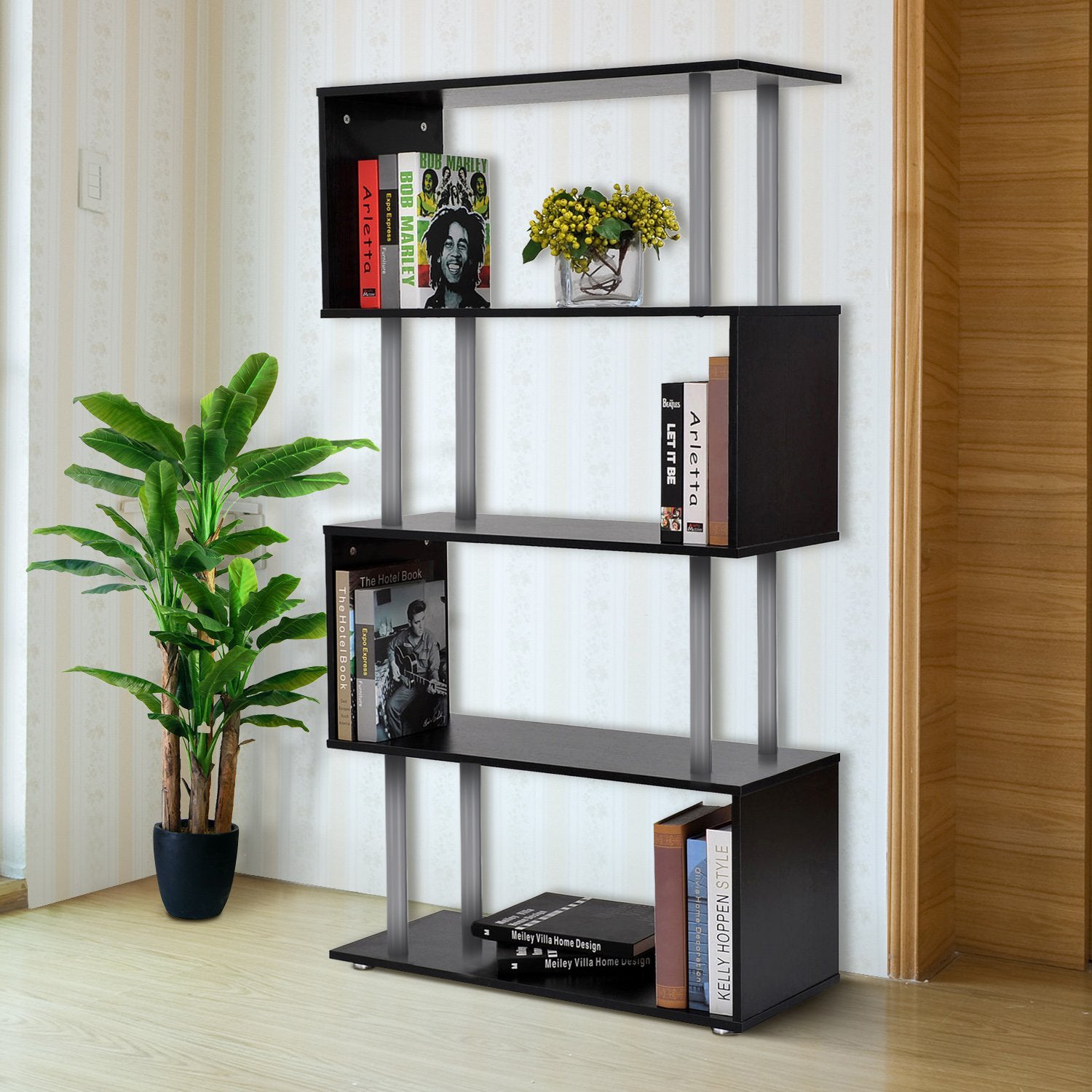 S Shape Wooden Bookcase Storage Display Unit 5-Tier - Black
