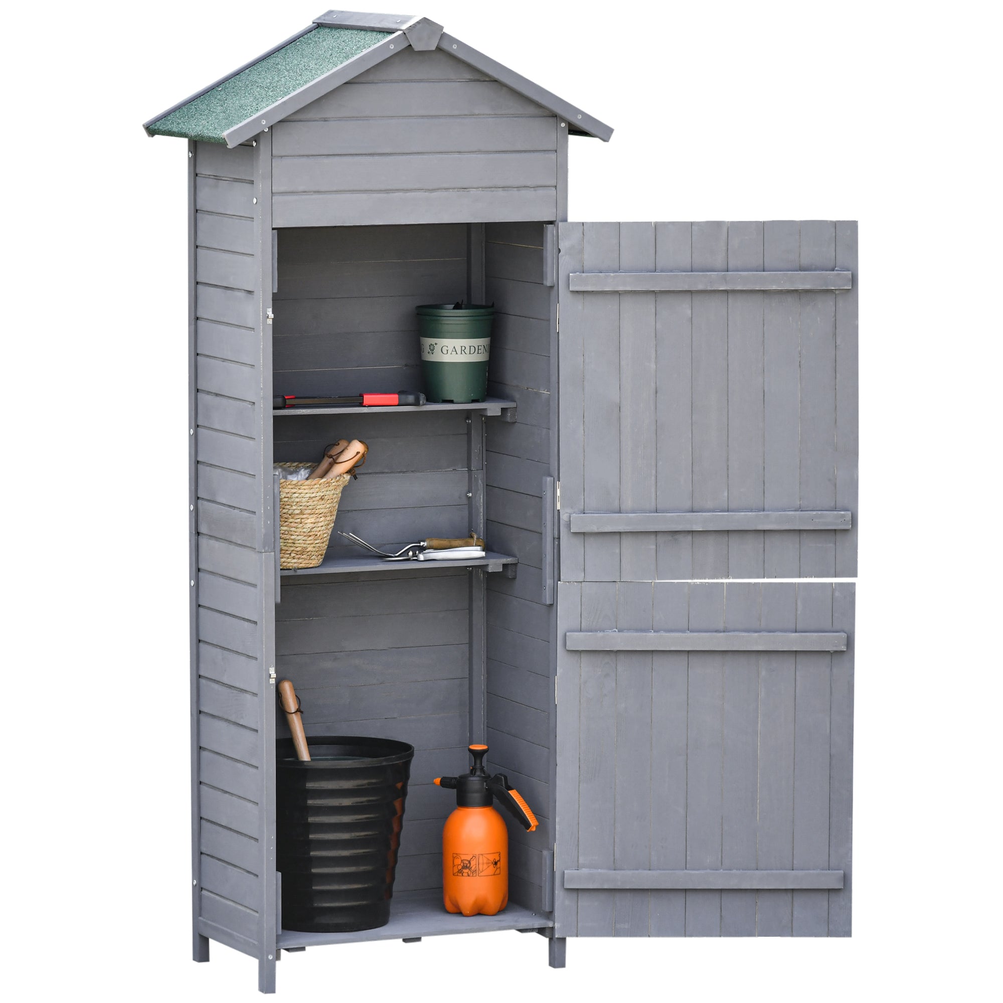 Wooden Garden Storage Shed with Lockable Doors and Tilted Felt Roof Grey