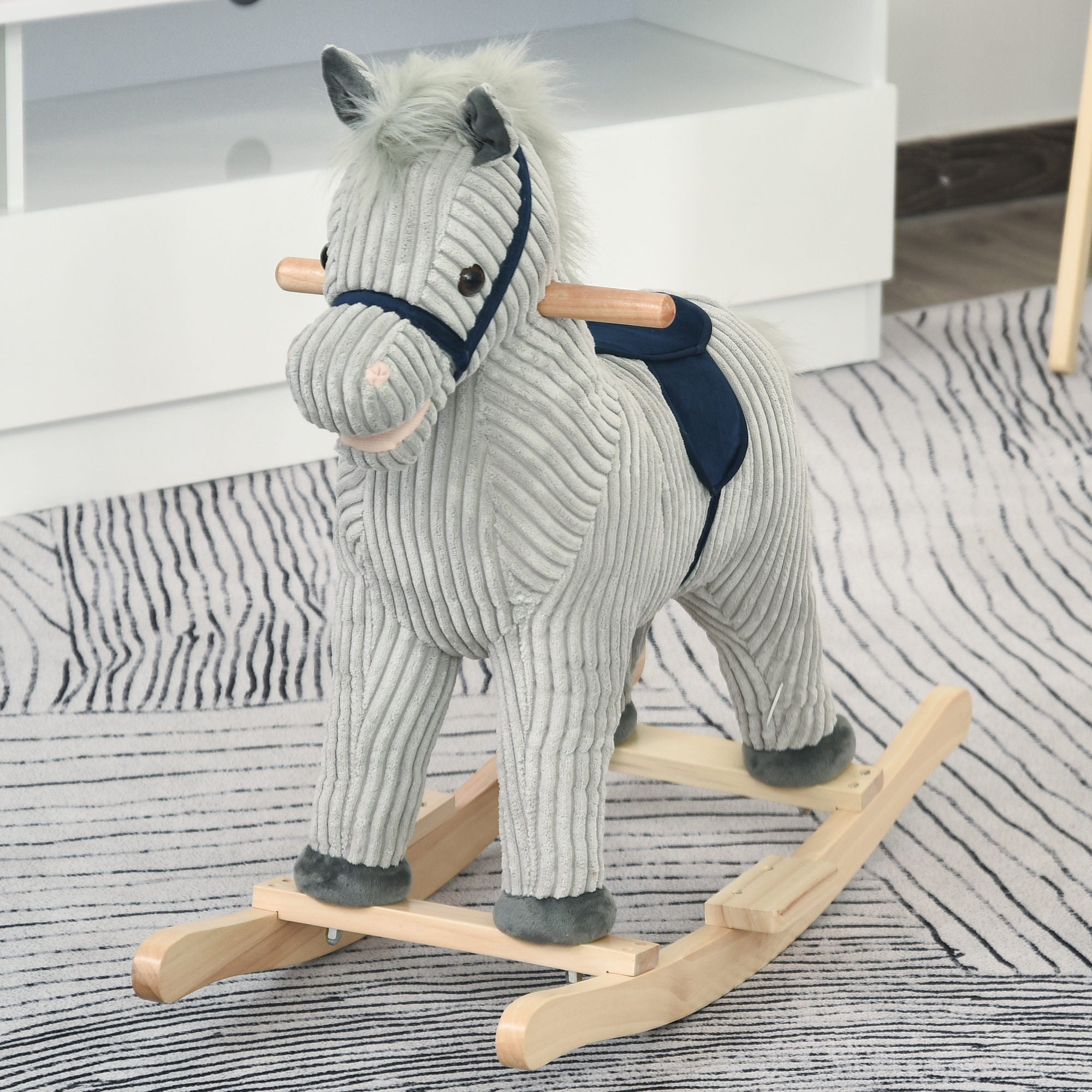 Kids Ribbed Plush Ride-On Rocking Horse with Sound - Grey