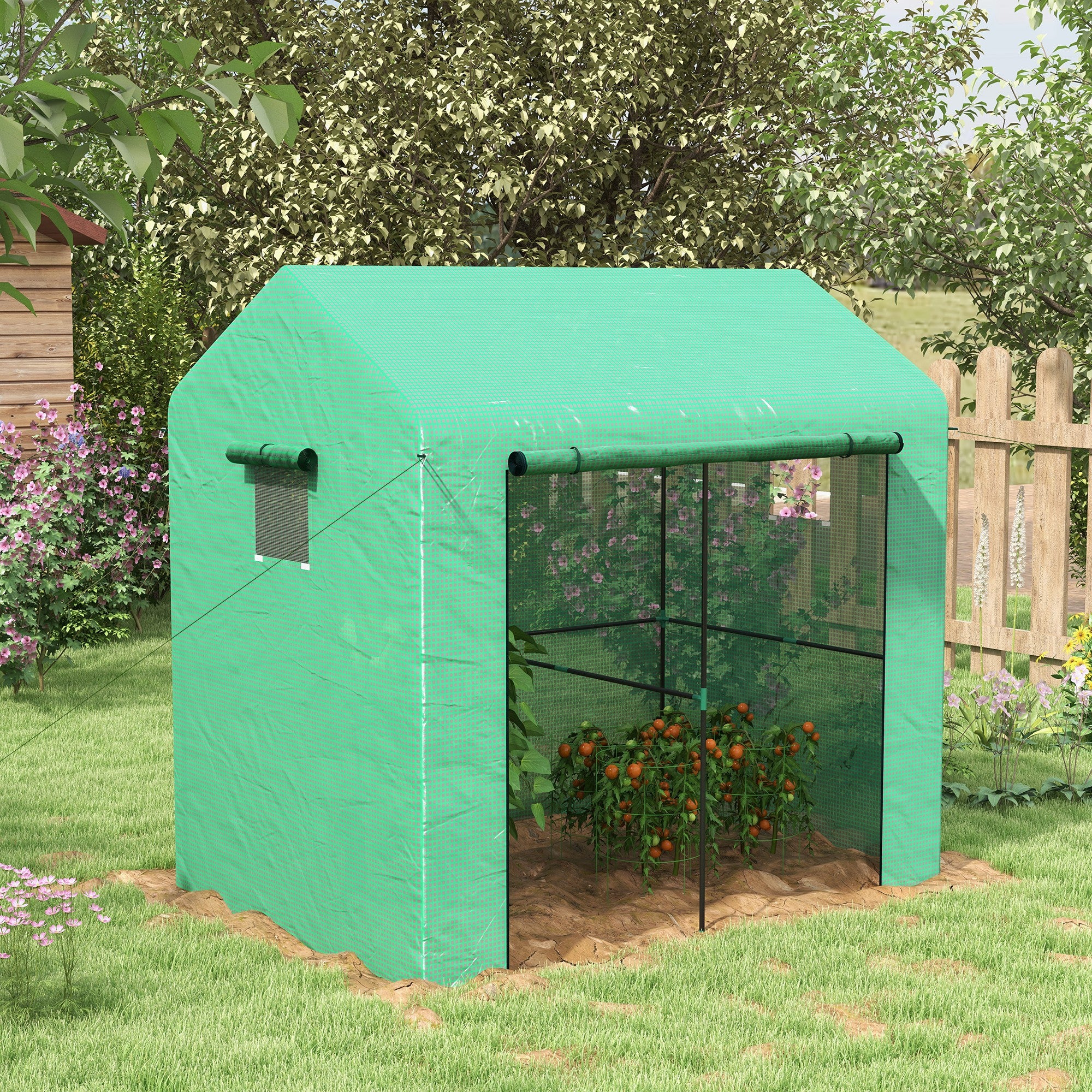 Walk-In Garden Greenhouse with Roll-Up Door and Mesh Windows - Green