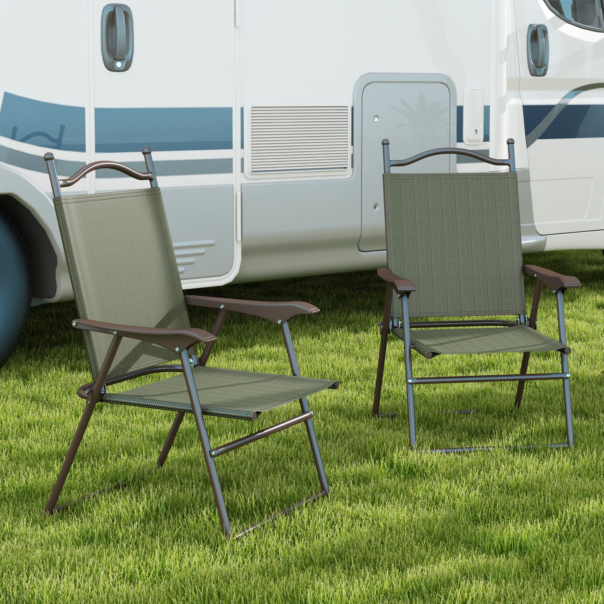 Set of 2 Folding Patio Camping Chairs with Mesh Fabric Seat - Dark Brown