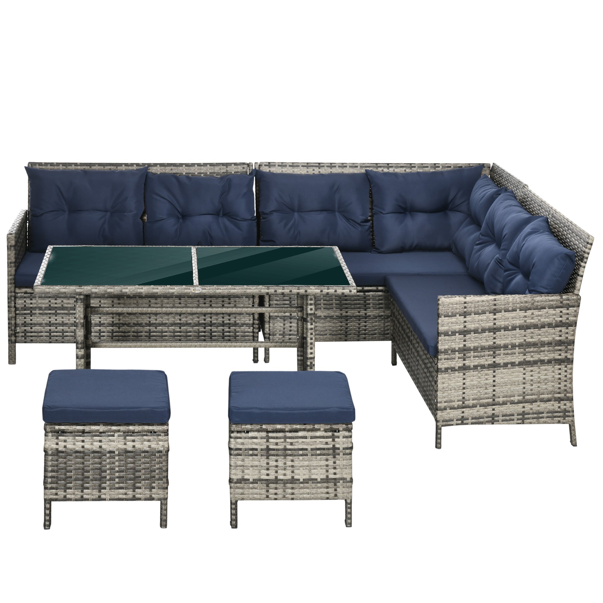 8-Seater Patio Wicker Rattan Sofa Set with Glass Table & Cushions - Dark Blue