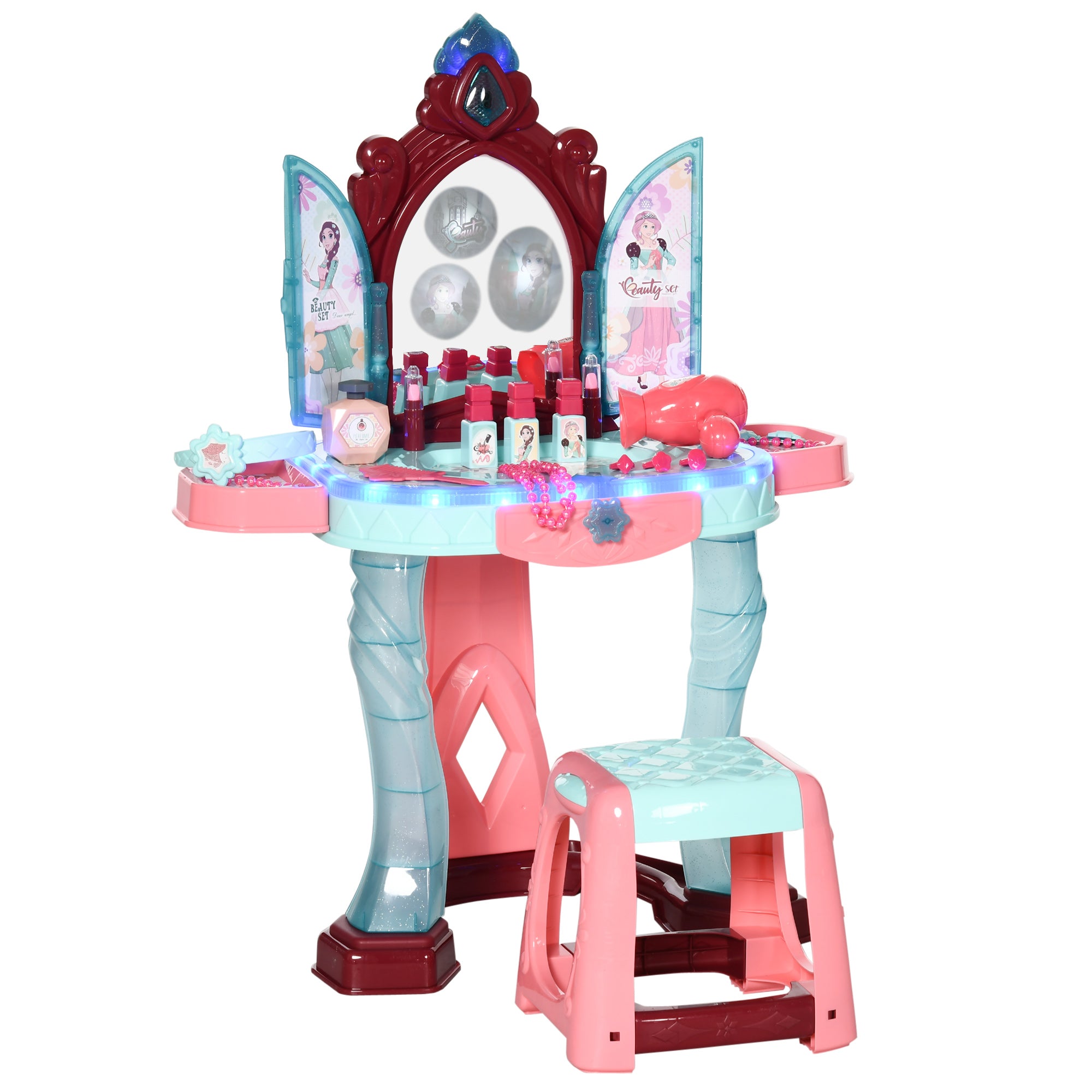 31 Piece Kids Dressing Table Set with Magic Light Up Mirror Blue and Pink