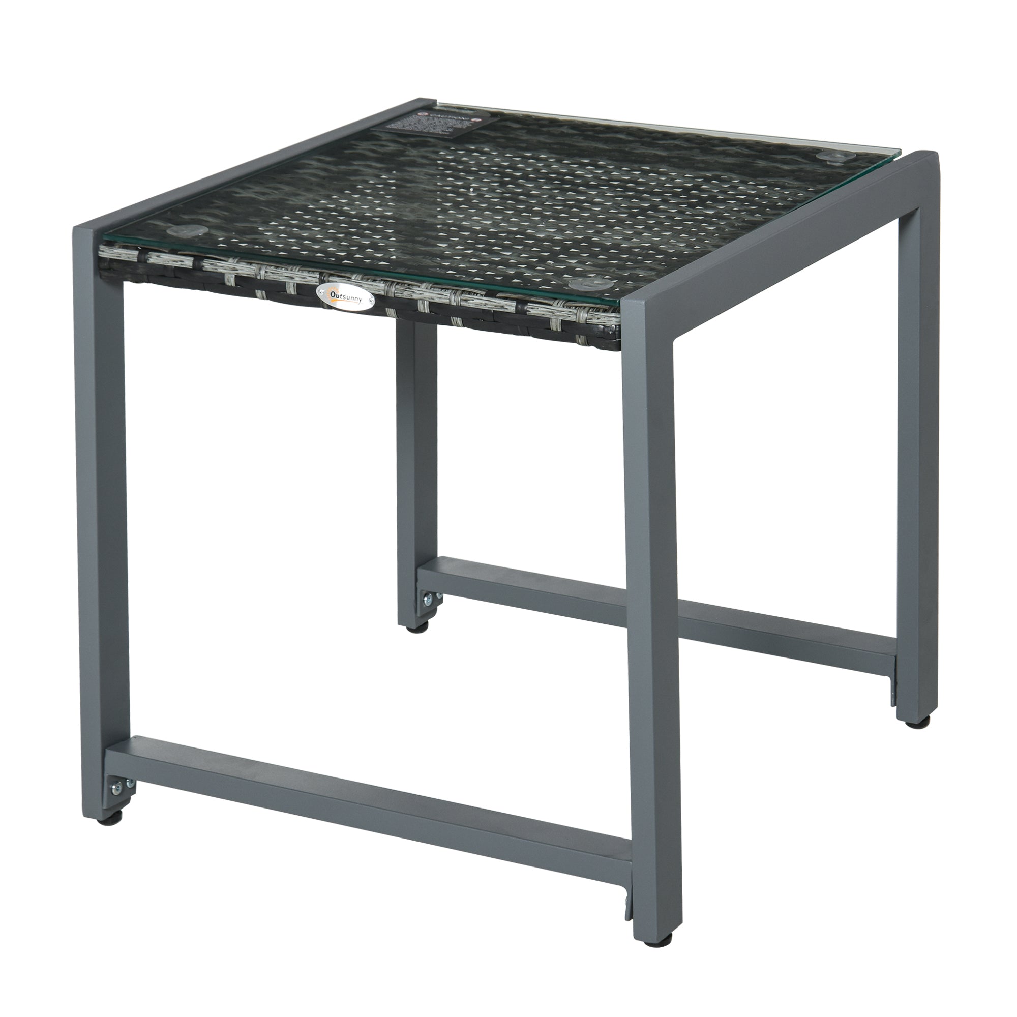 Rattan End Table Side Coffee Desk with Tempered Glass Top - Grey