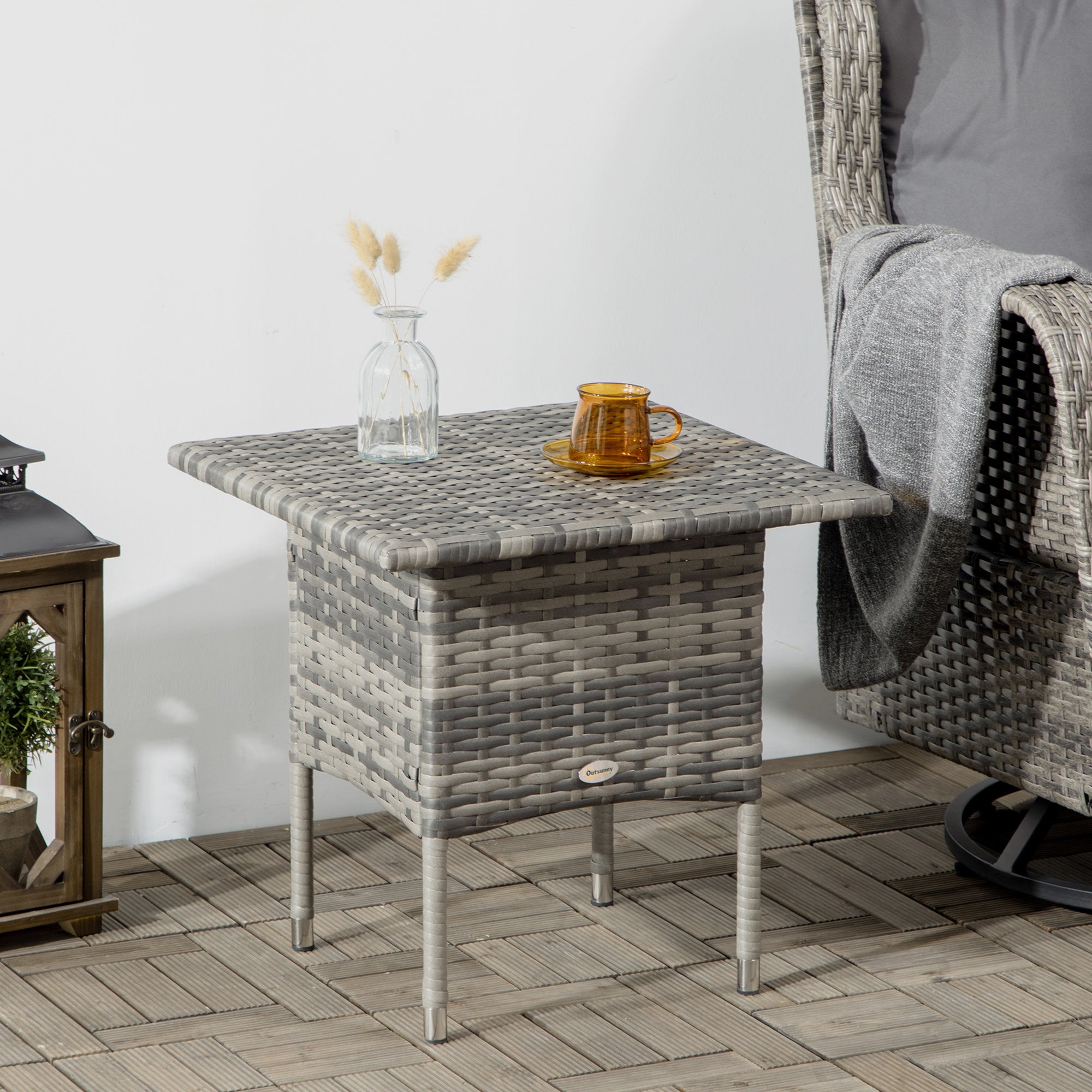 Rattan Side Table with Steel Frame and Plastic Board Top - Mixed Grey