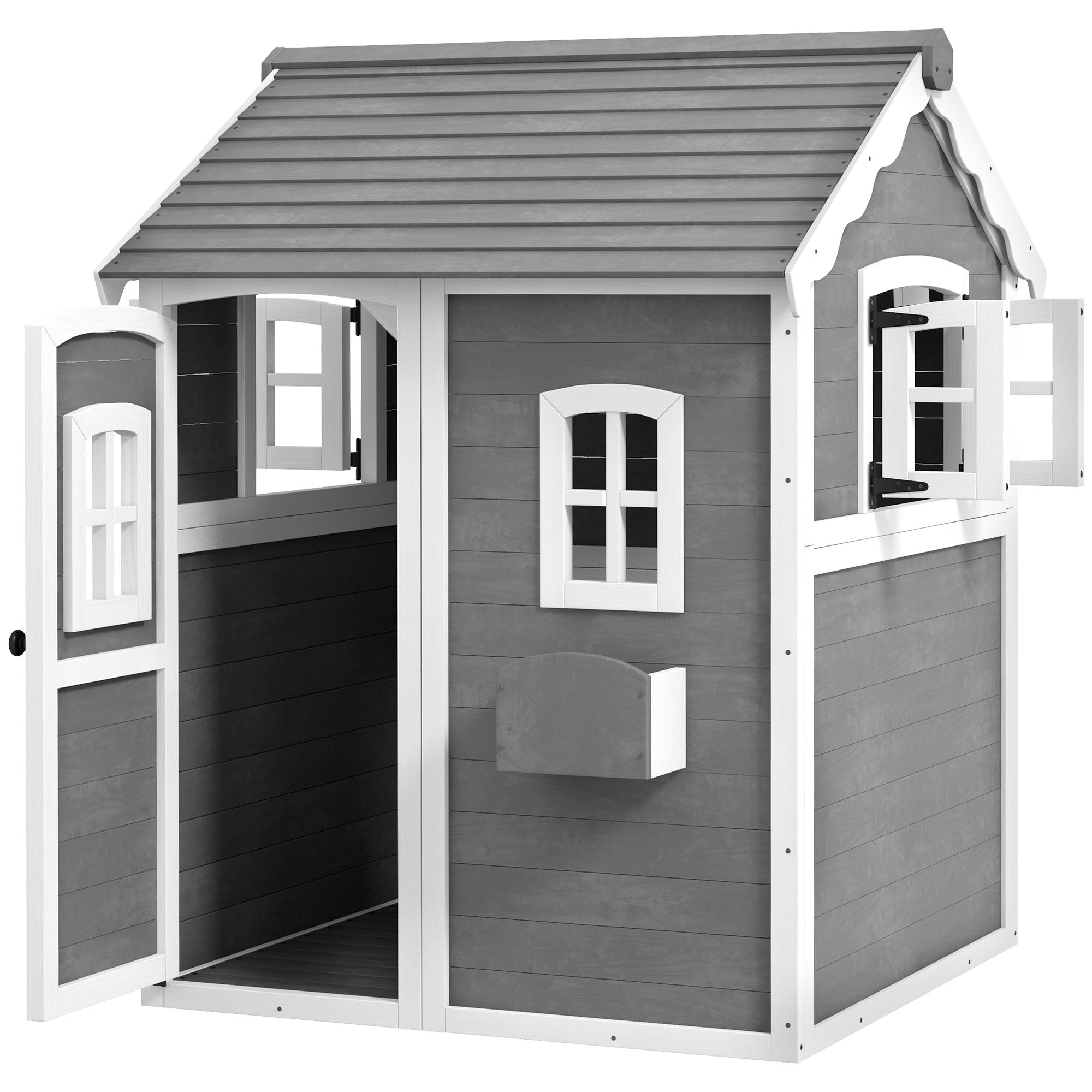Wooden Kids Playhouse with Doors Windows and Plant Box - Grey