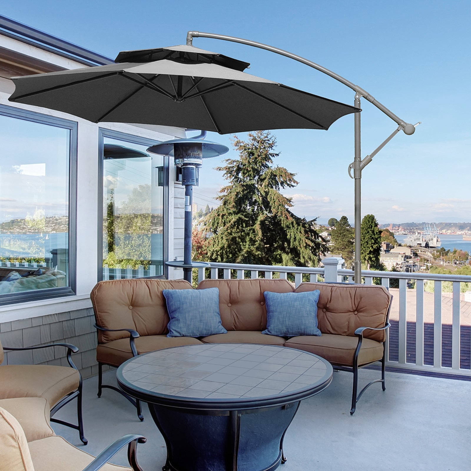 2.7m Cantilever Garden Parasol with Crank Handle and Double Tier Canopy - Dark Grey