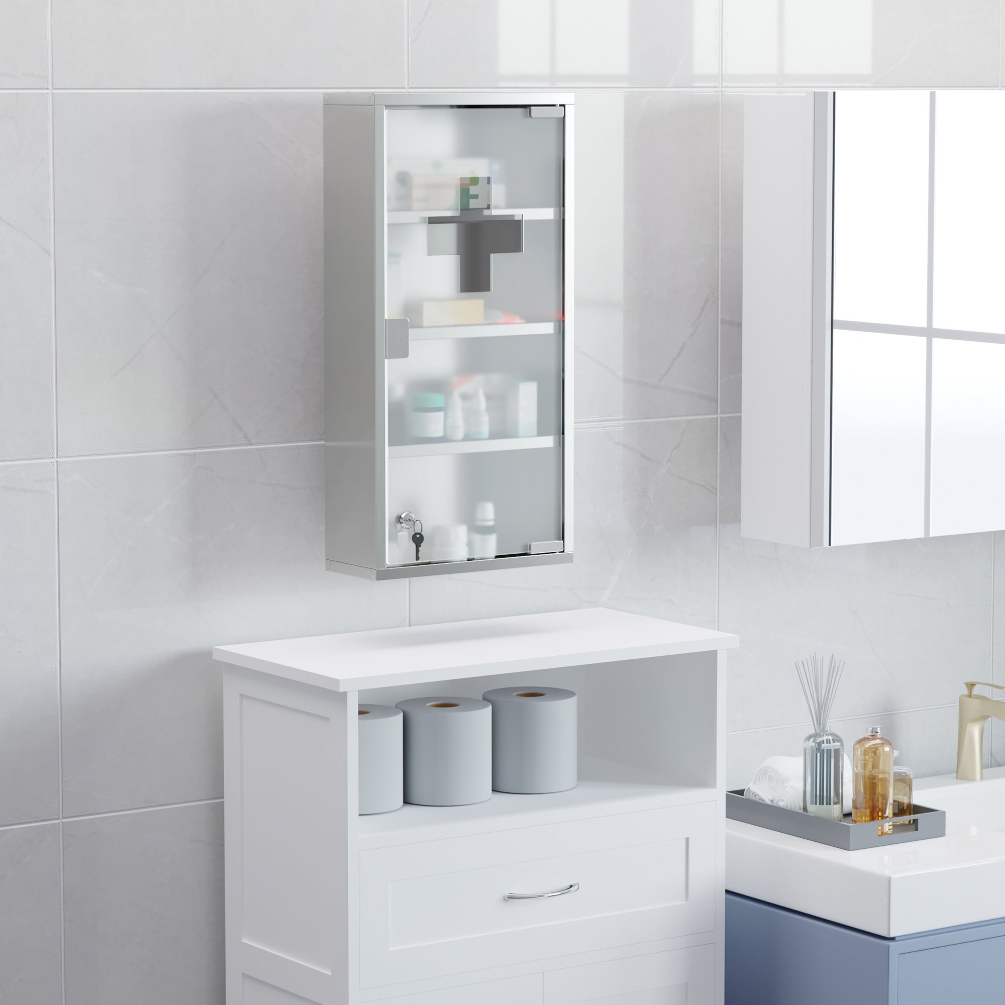 4 Tier Wall Mounted Lockable Medicine Cabinet with Glass Door 60x30x12 cm - Silver