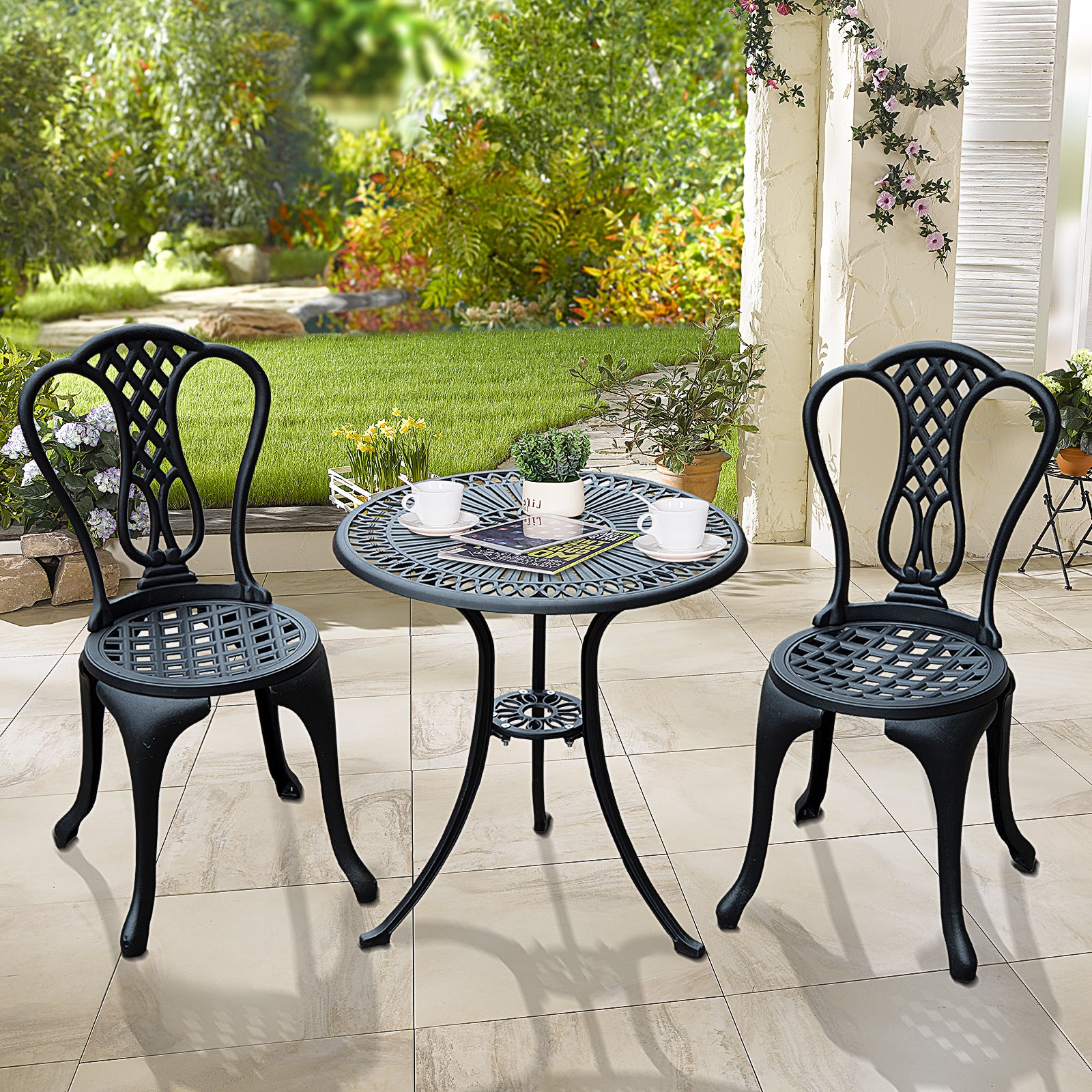 3 Piece Vintage Cast Aluminium Bistro Set with Parasol Hole - Black