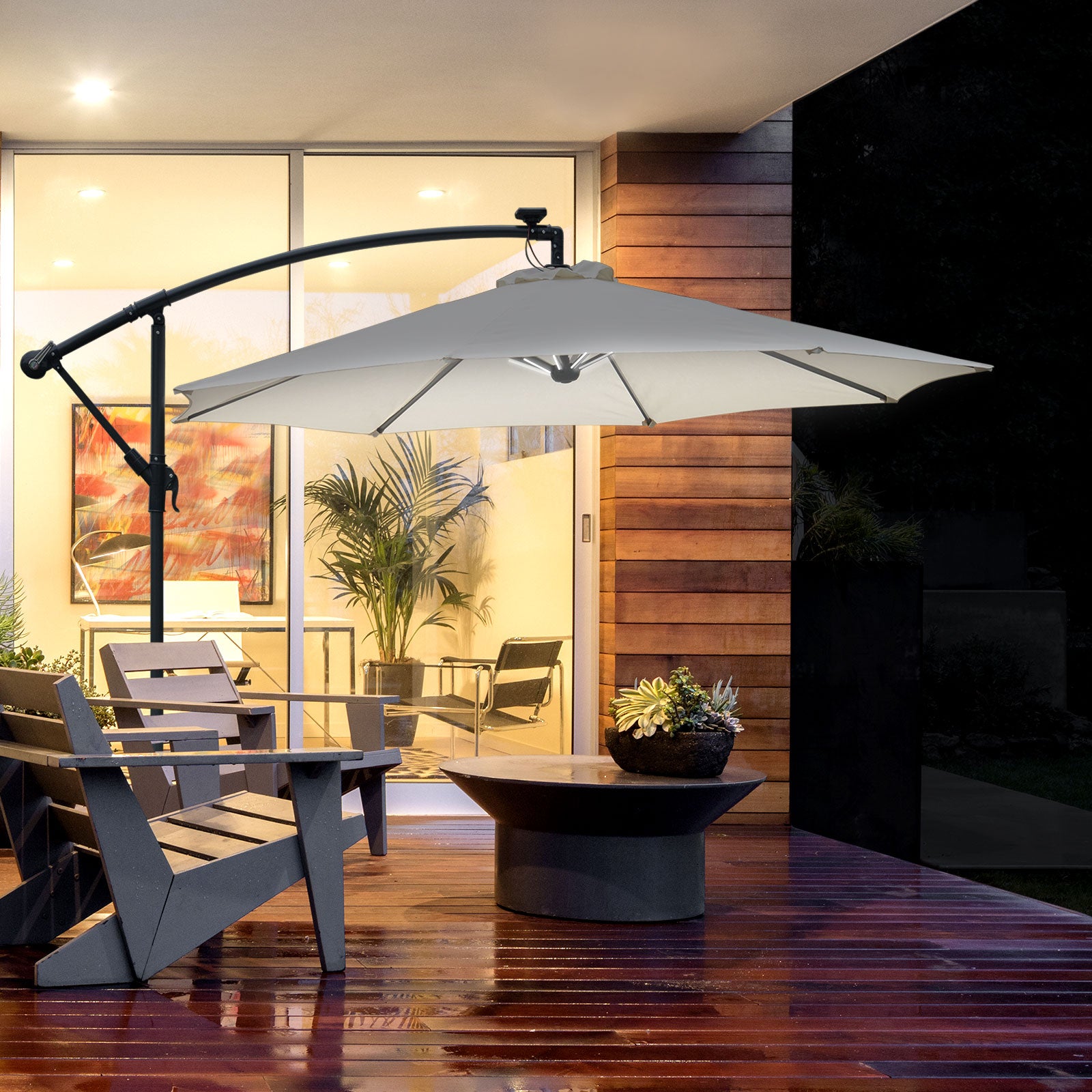 3 Metre LED Cantilever Parasol with Solar Lights and Crank Handle Off-White
