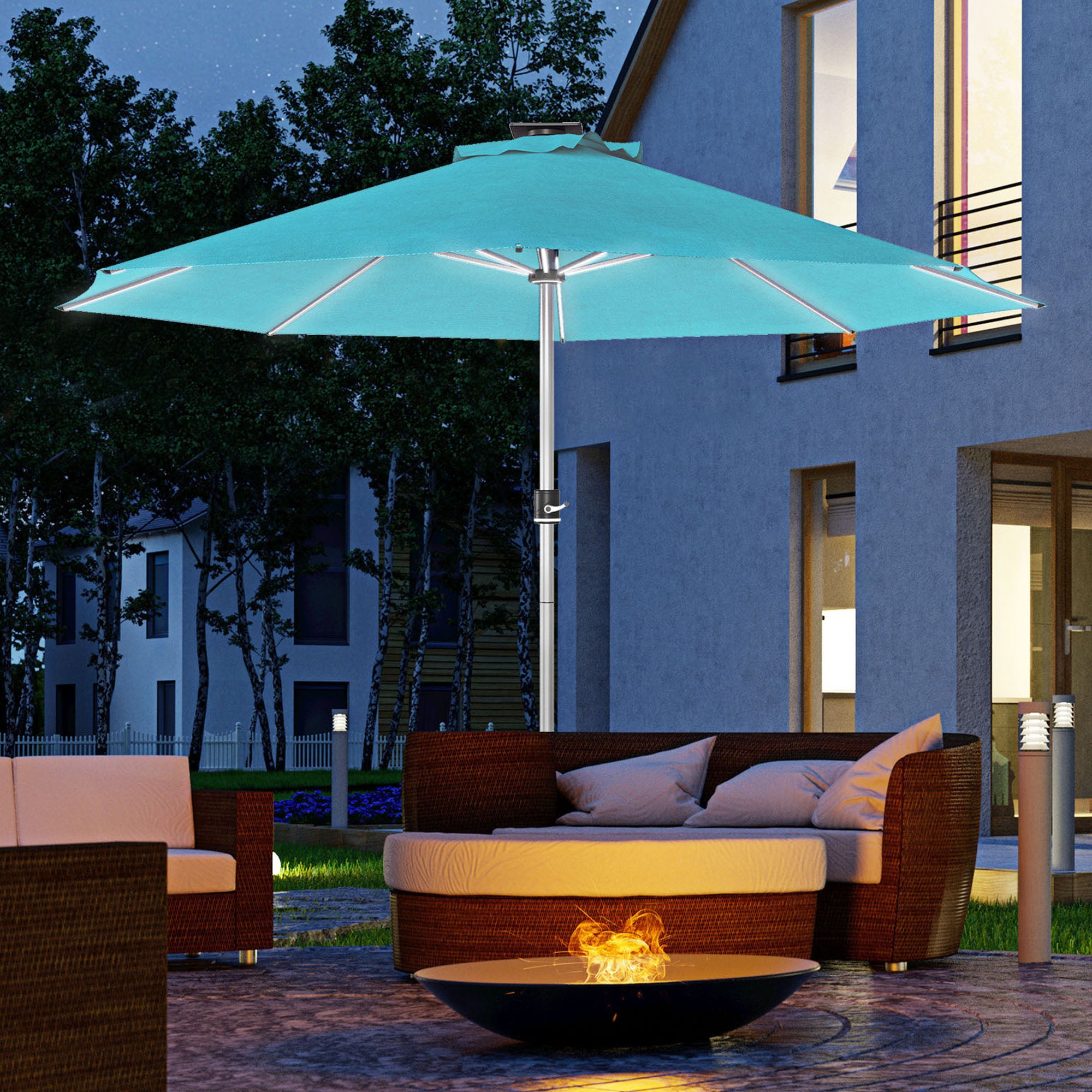 LED Patio Umbrella with Solar USB Charging and Adjustable Lighting - Blue