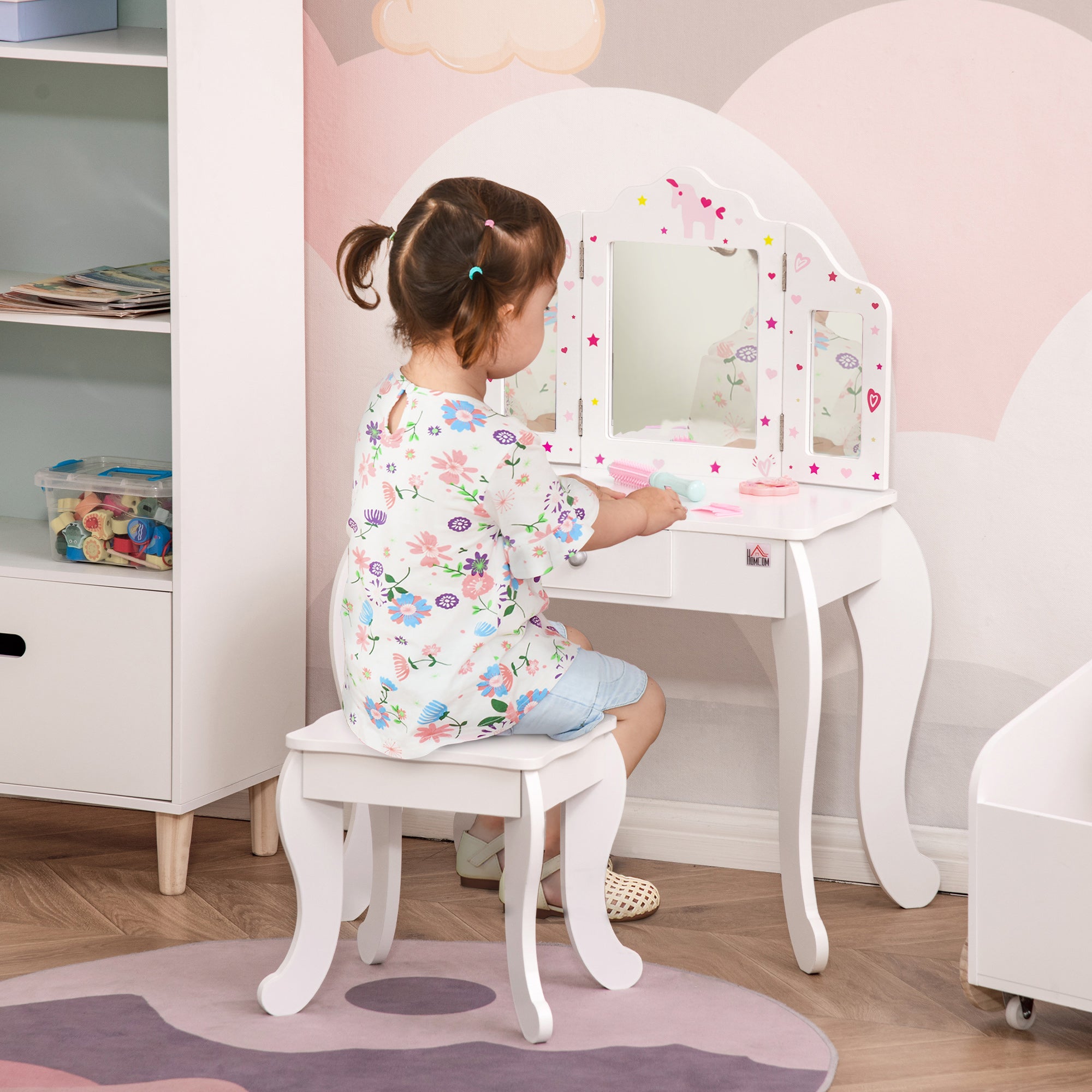 2 Piece Kids Vanity Table and Stool Set with Rotatable Mirrors White