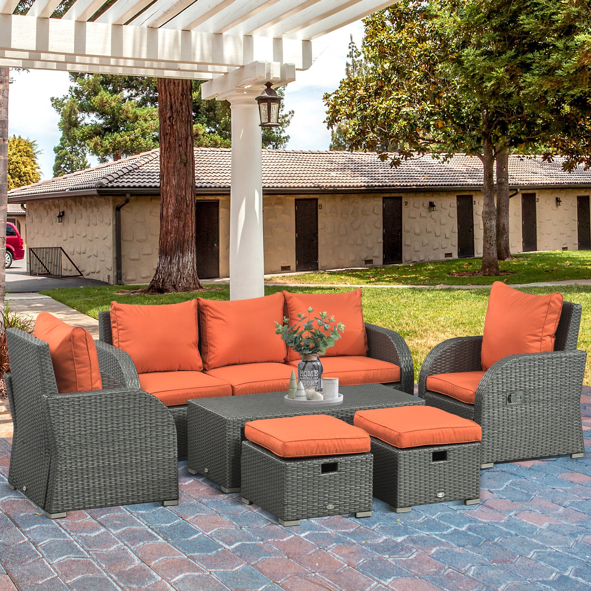 6pc Outdoor Rattan Wicker Furniture Set with 3-Seat Sofa, 2 Reclining Single Sofas, 2 Footstools & Coffee Table - Orange