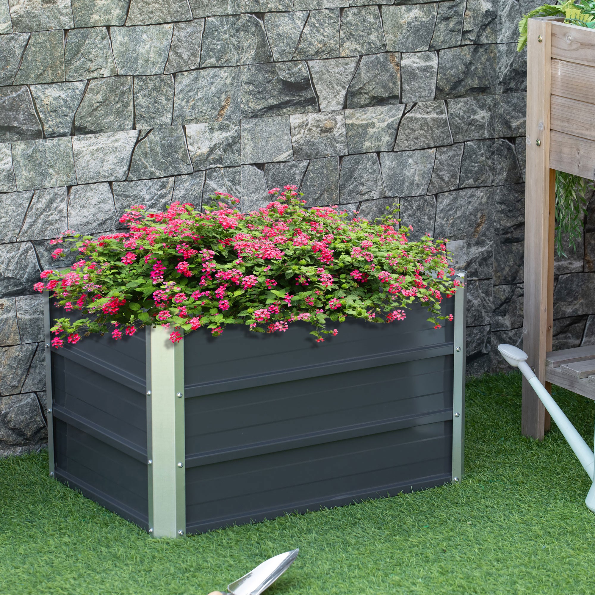 1 Piece Raised Metal Garden Bed with Gloves for Vegetables - Grey