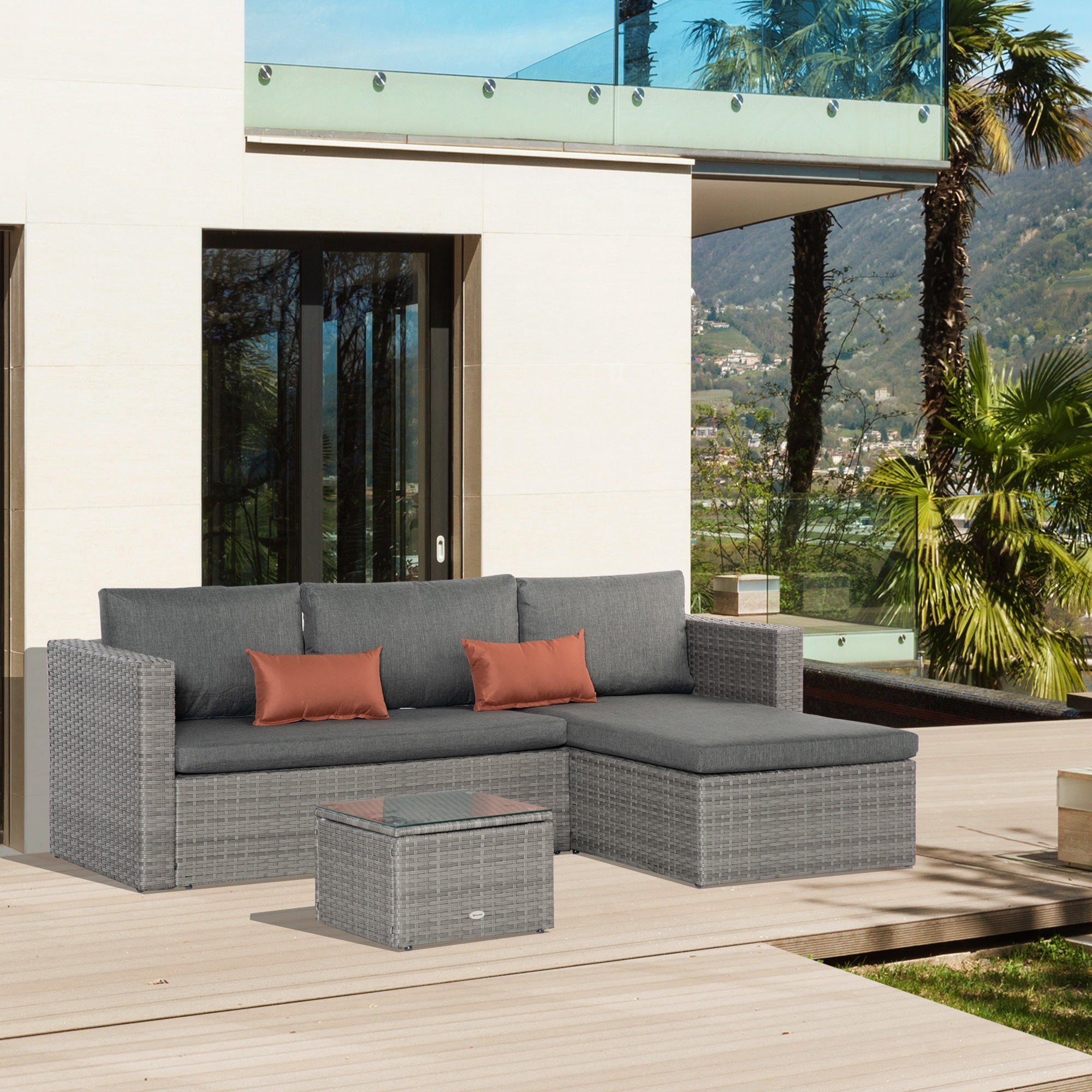 PE Rattan 3-Piece Outdoor Corner Sofa Set with Chaise Lounge & Tempered Glass Table - Grey